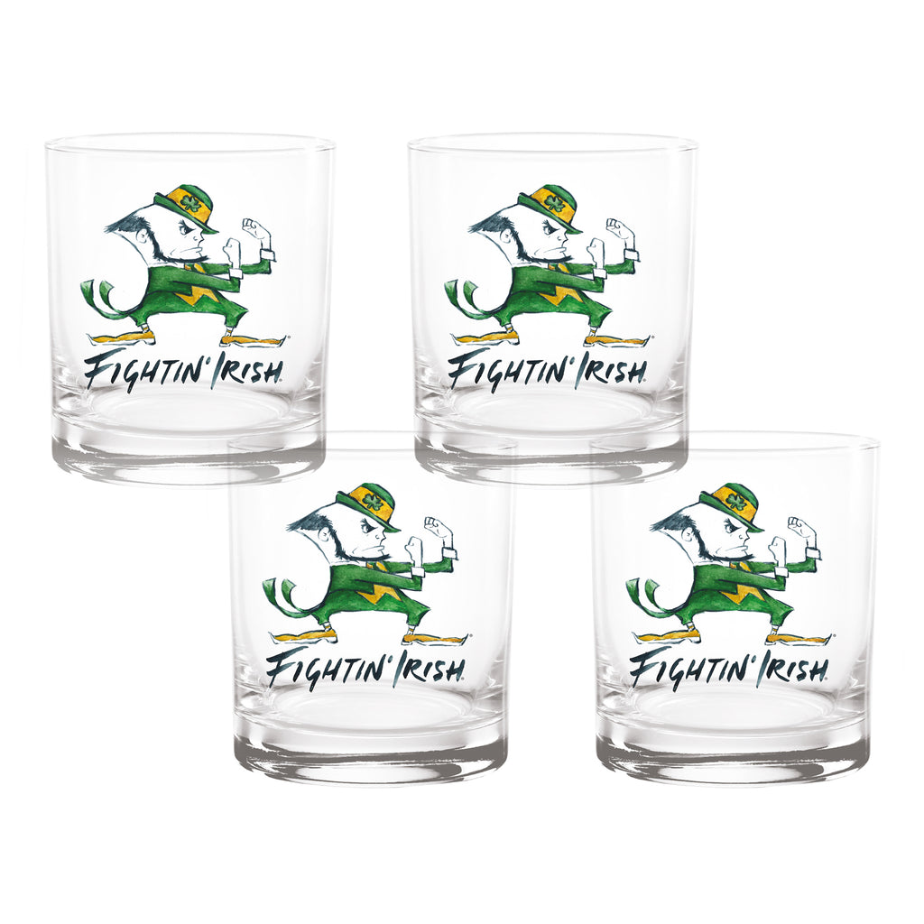 Set of 4 Notre Dame Fighting Irish Mascot by Laura Wilcox 14oz Rocks Glasses