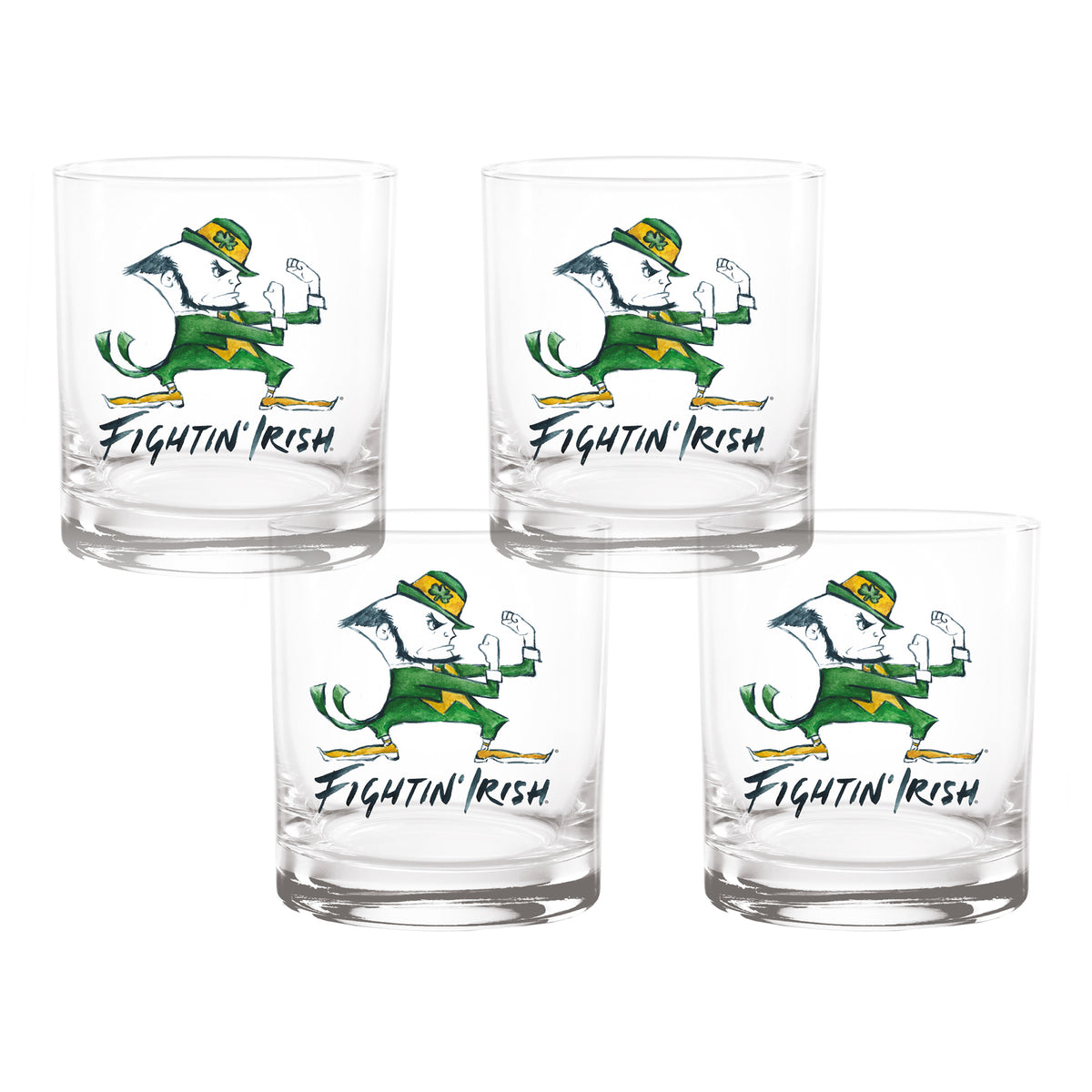 Set of 4 Notre Dame Fighting Irish Mascot by Laura Wilcox 14oz Rocks Glasses