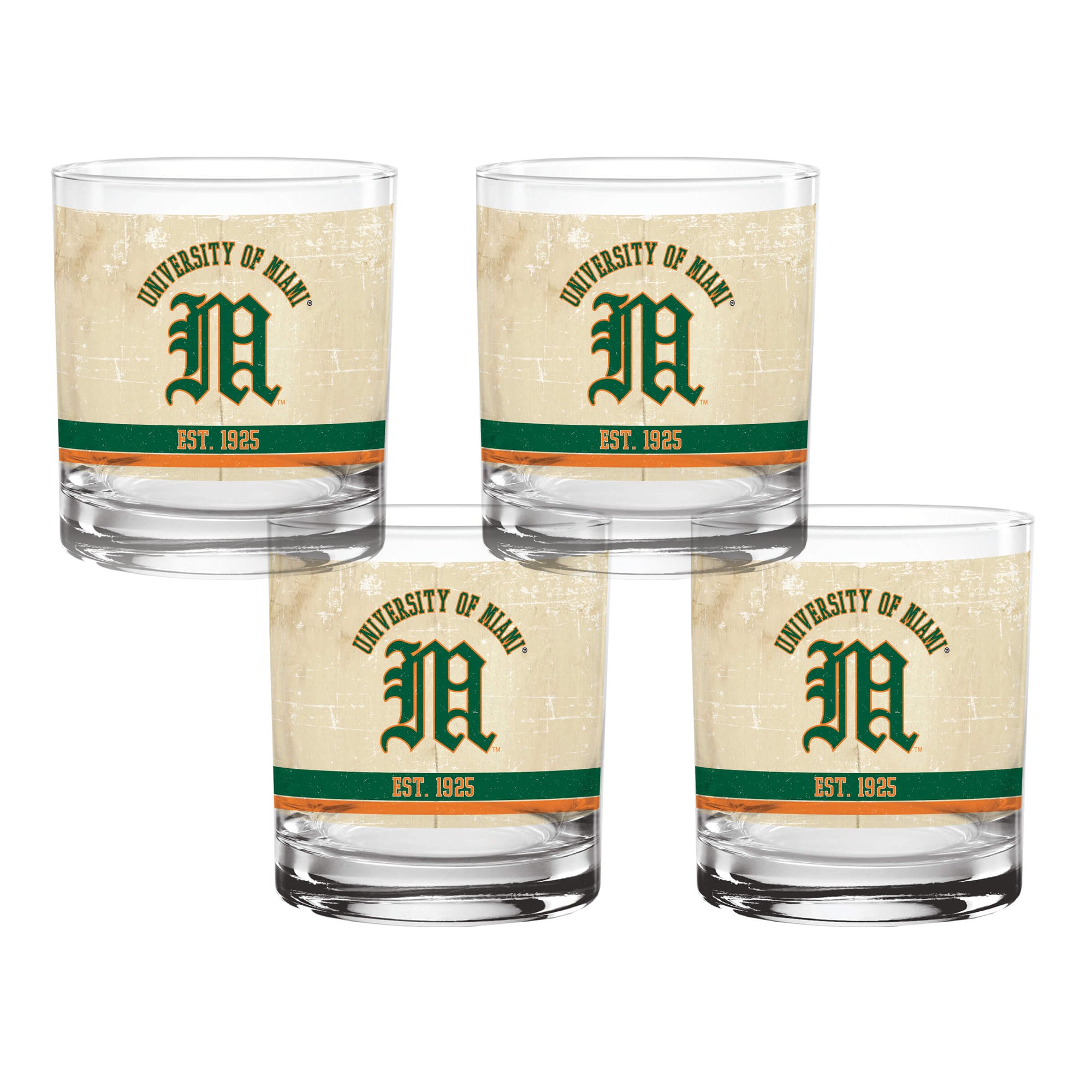 Set of 4 Miami Hurricanes College Vault Tan Retro 14oz Rocks Glasses