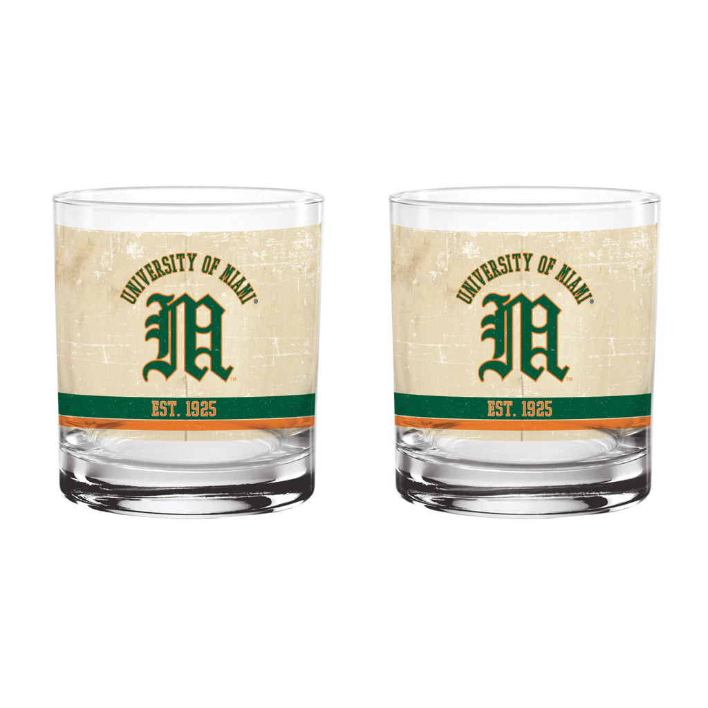 Miami Hurricanes Set of 2 College Vault Tan Retro 14oz Rocks Glasses