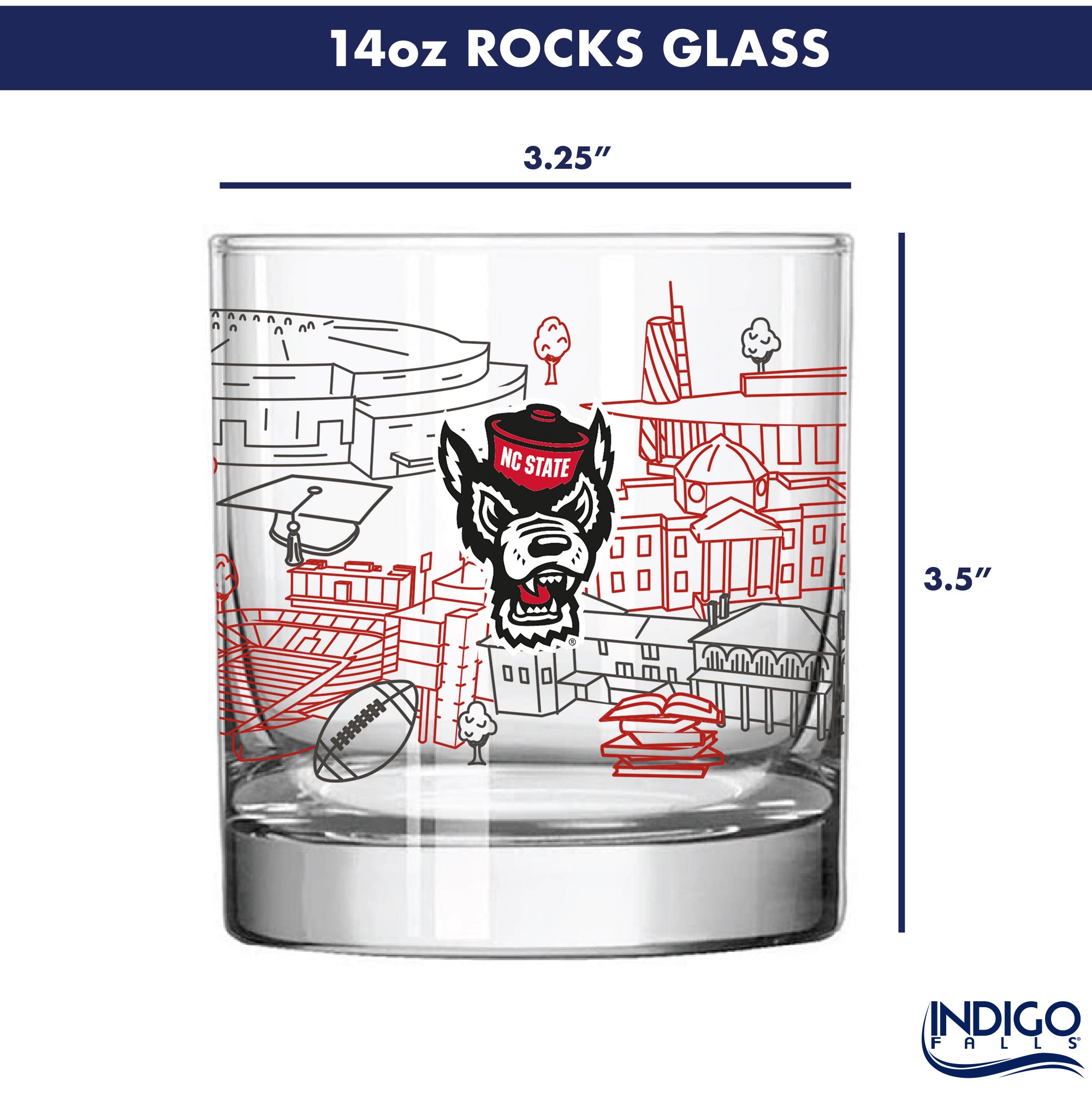 Set of 4 NC State Wolf pack Campus Line Art 14oz Rocks Glasses