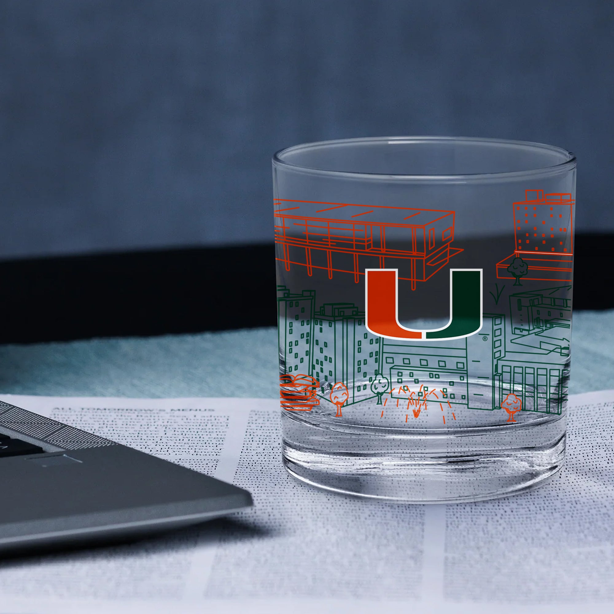 Set of 4 Miami Hurricanes Campus Line Art 14oz Rocks Glasses