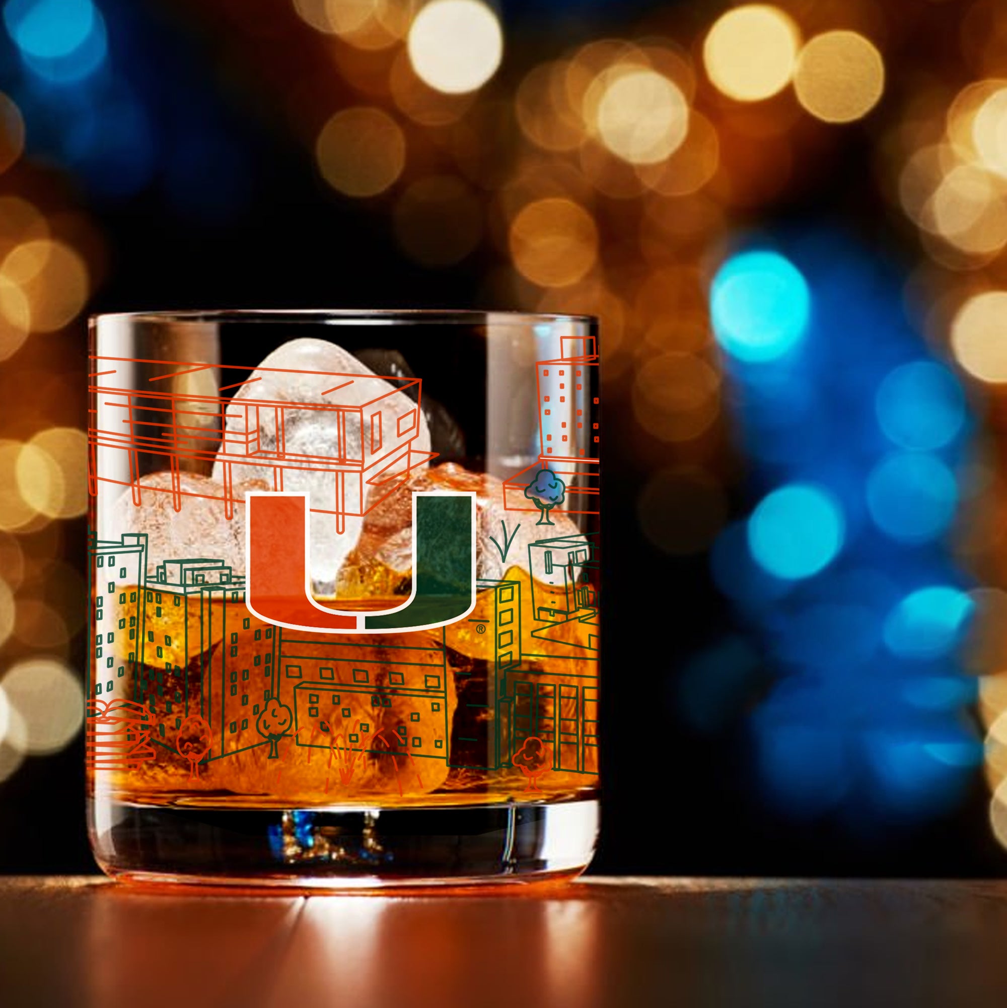 Set of 4 Miami Hurricanes Campus Line Art 14oz Rocks Glasses