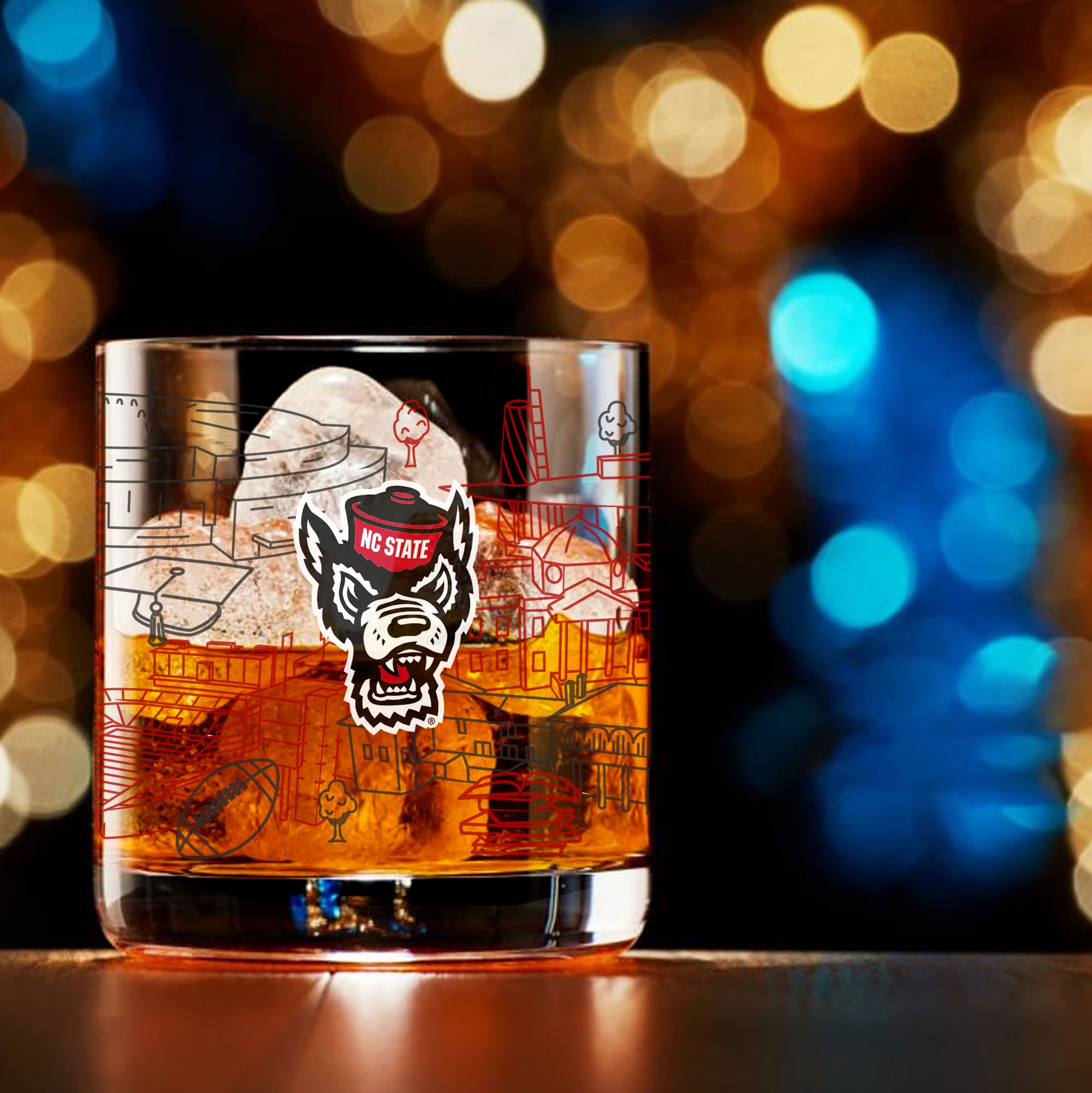 Set of 4 NC State Wolf pack Campus Line Art 14oz Rocks Glasses