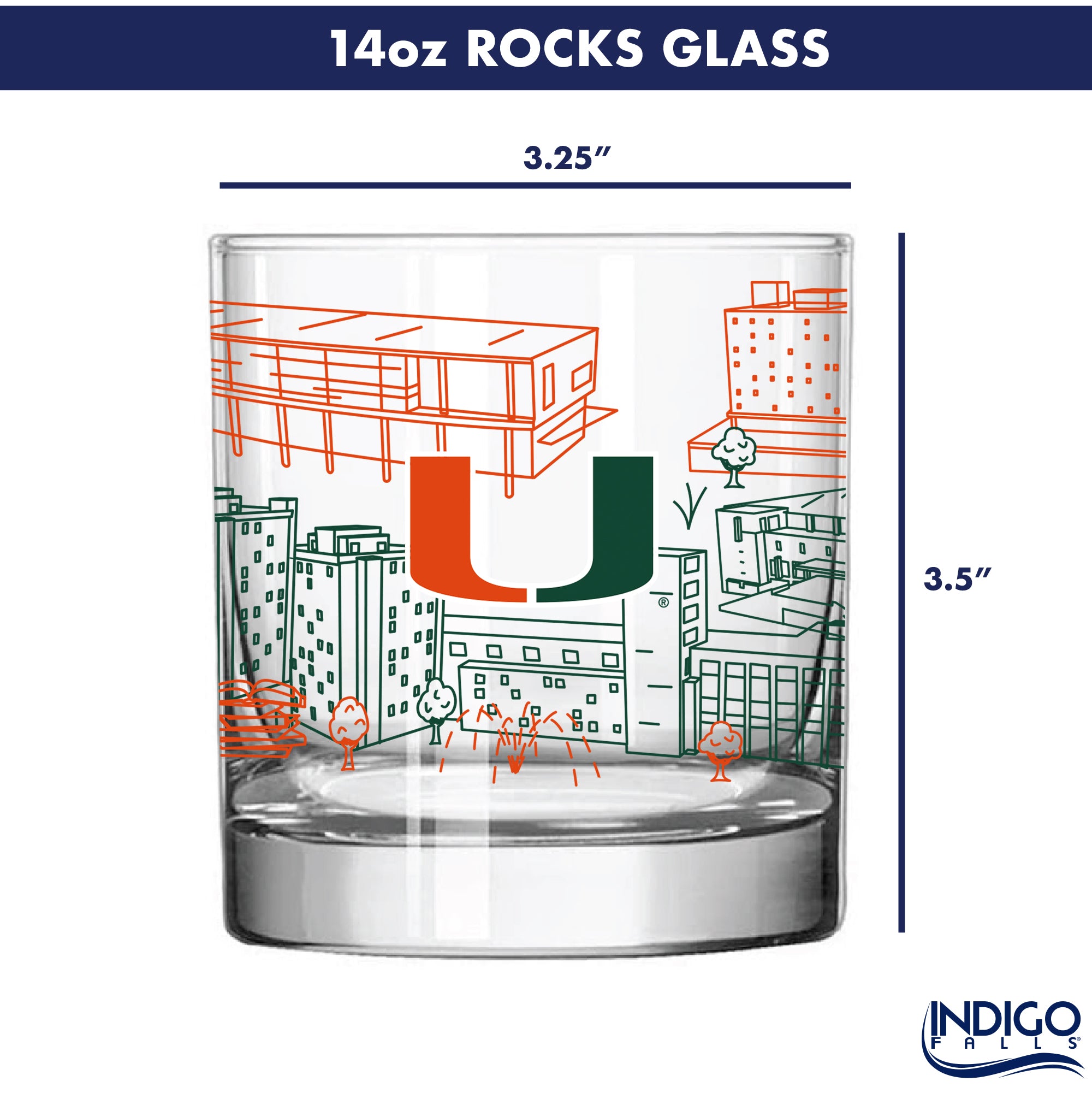 Set of 4 Miami Hurricanes Campus Line Art 14oz Rocks Glasses
