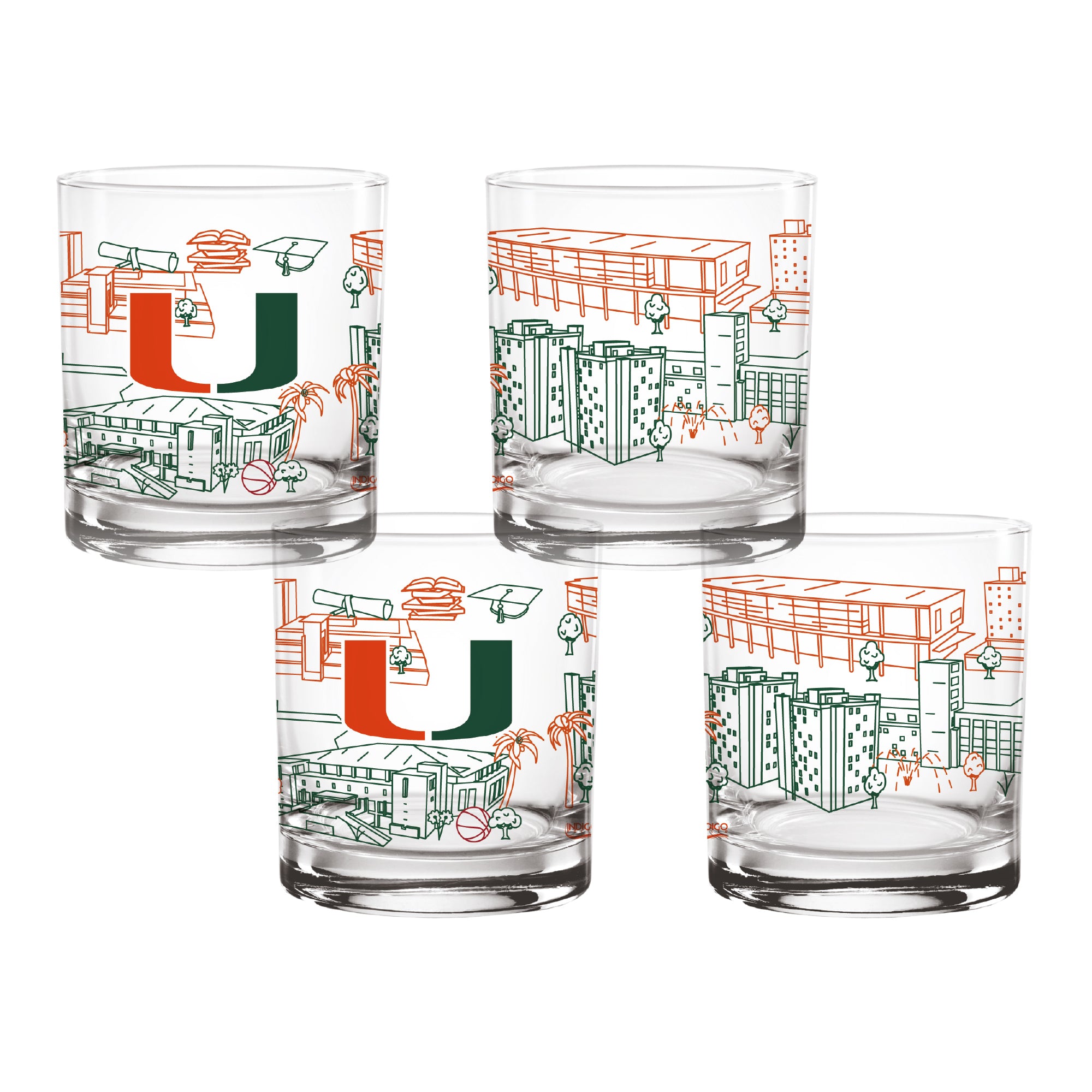 Set of 4 Miami Hurricanes Campus Line Art 14oz Rocks Glasses