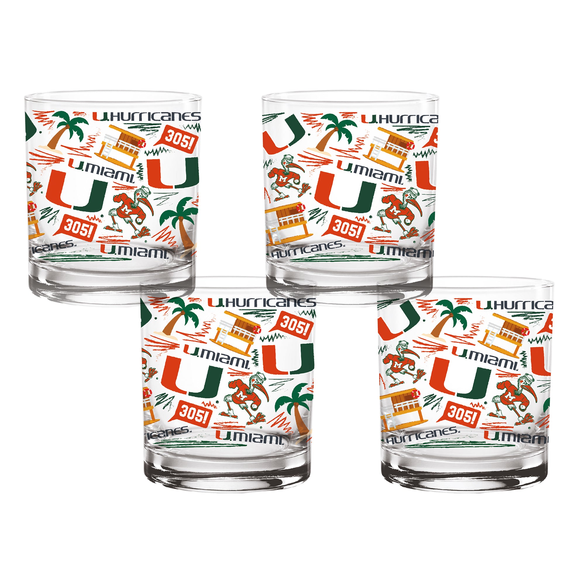Set of 4 Miami Hurricanes 14oz Local Rocks Glasses