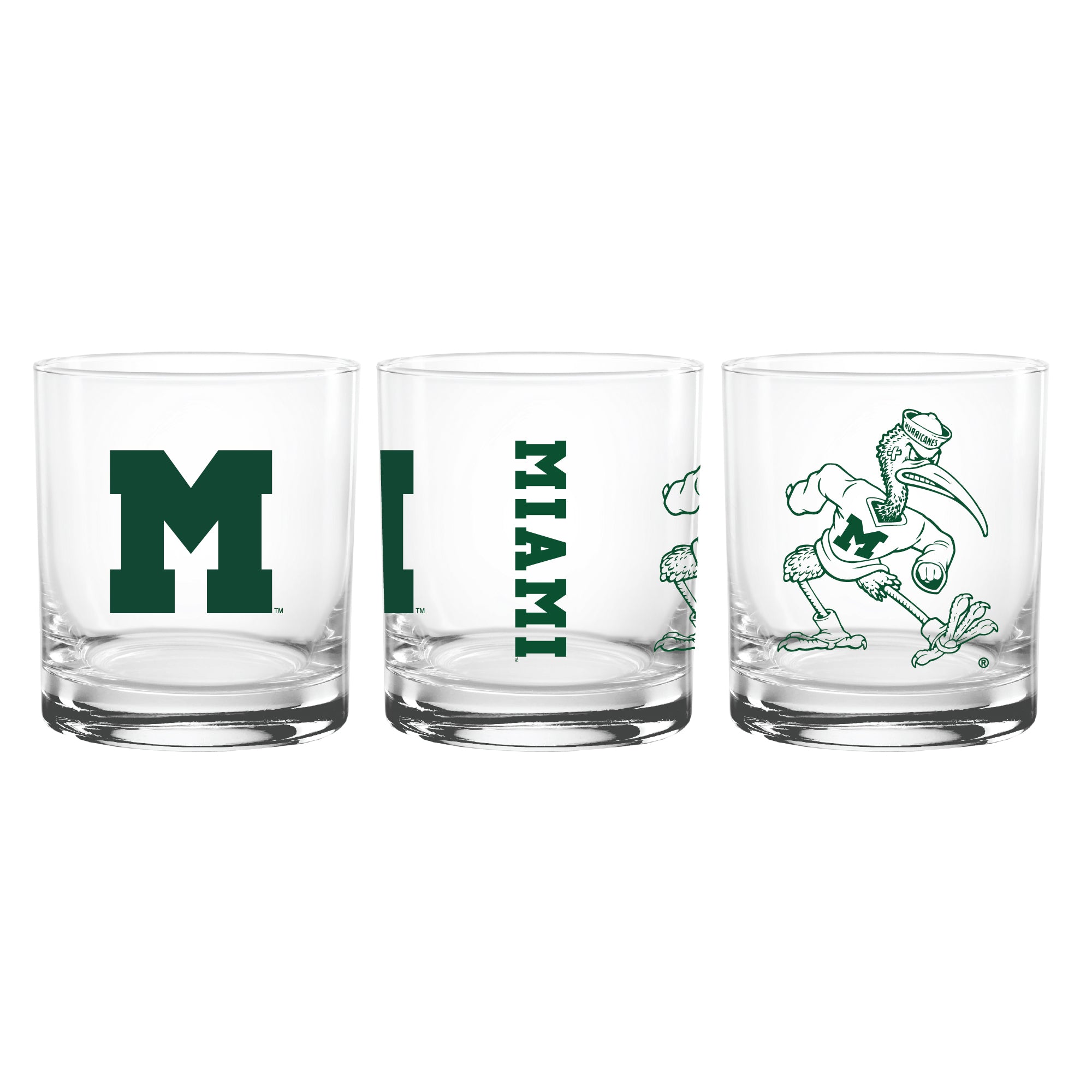 Set of 2 Miami Hurricanes College Vault Sketch 14oz Rocks Glasses