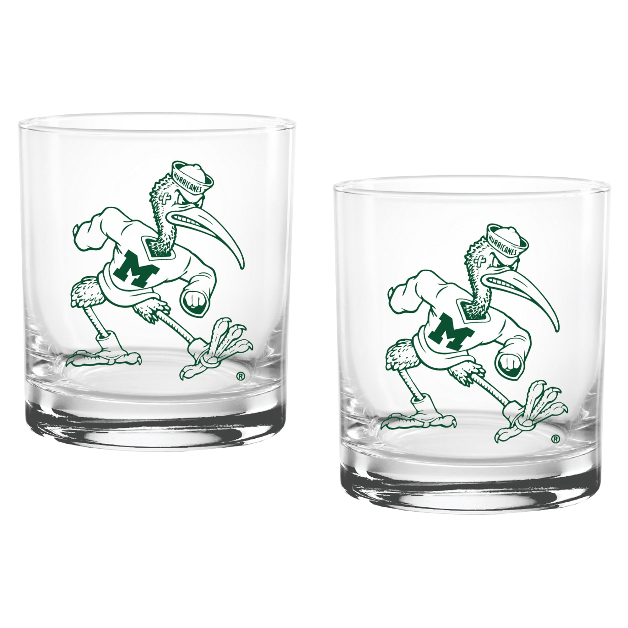 Set of 2 Miami Hurricanes College Vault Sketch 14oz Rocks Glasses