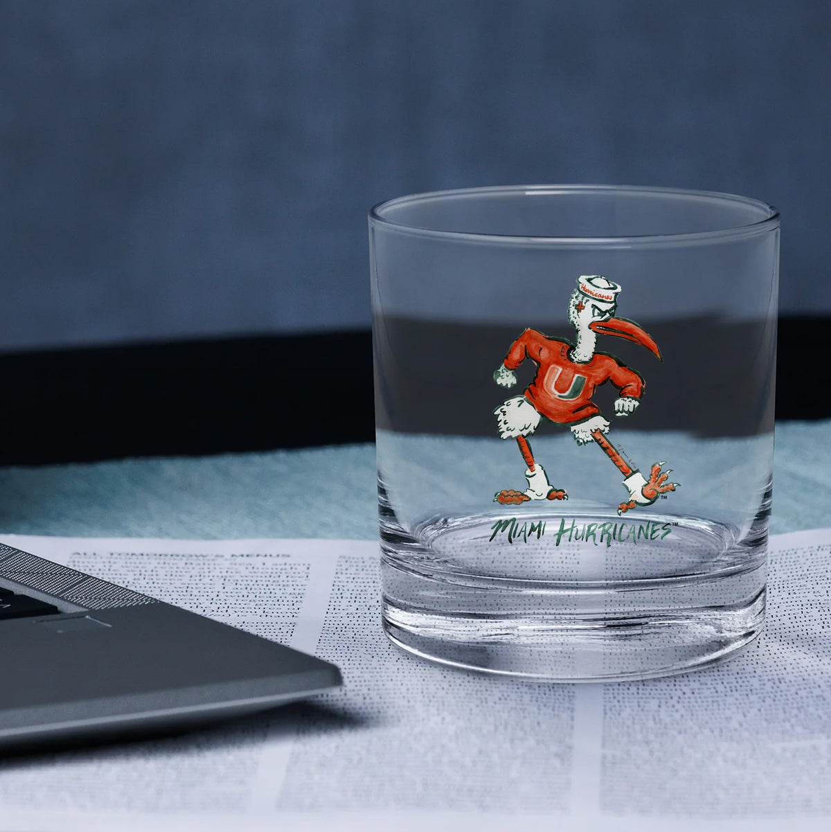 Set of 4 Miami Hurricanes Mascot by Laura Wilcox 14oz Rocks Glasses