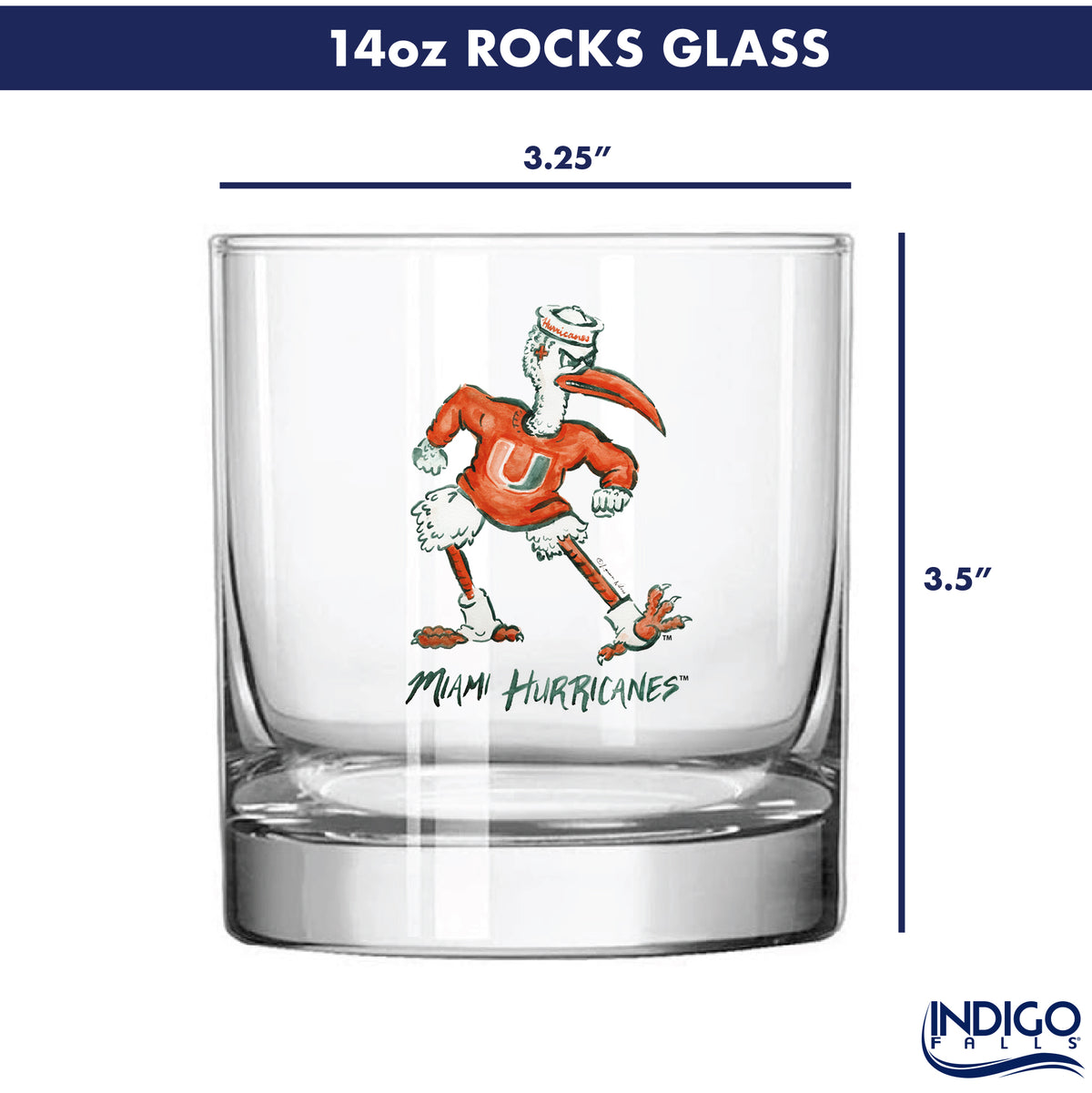 Set of 4 Miami Hurricanes Mascot by Laura Wilcox 14oz Rocks Glasses
