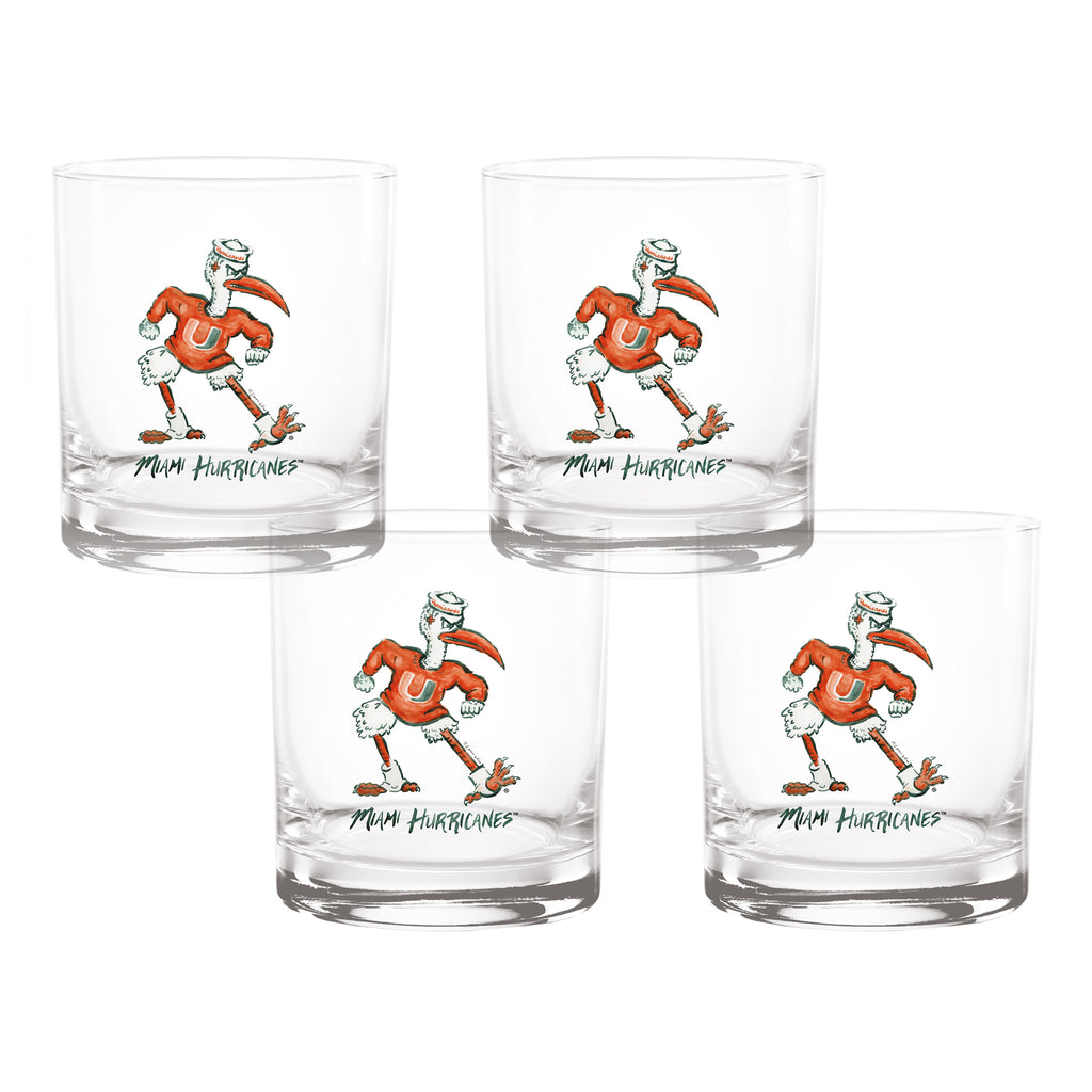 Set of 4 Miami Hurricanes Mascot by Laura Wilcox 14oz Rocks Glasses