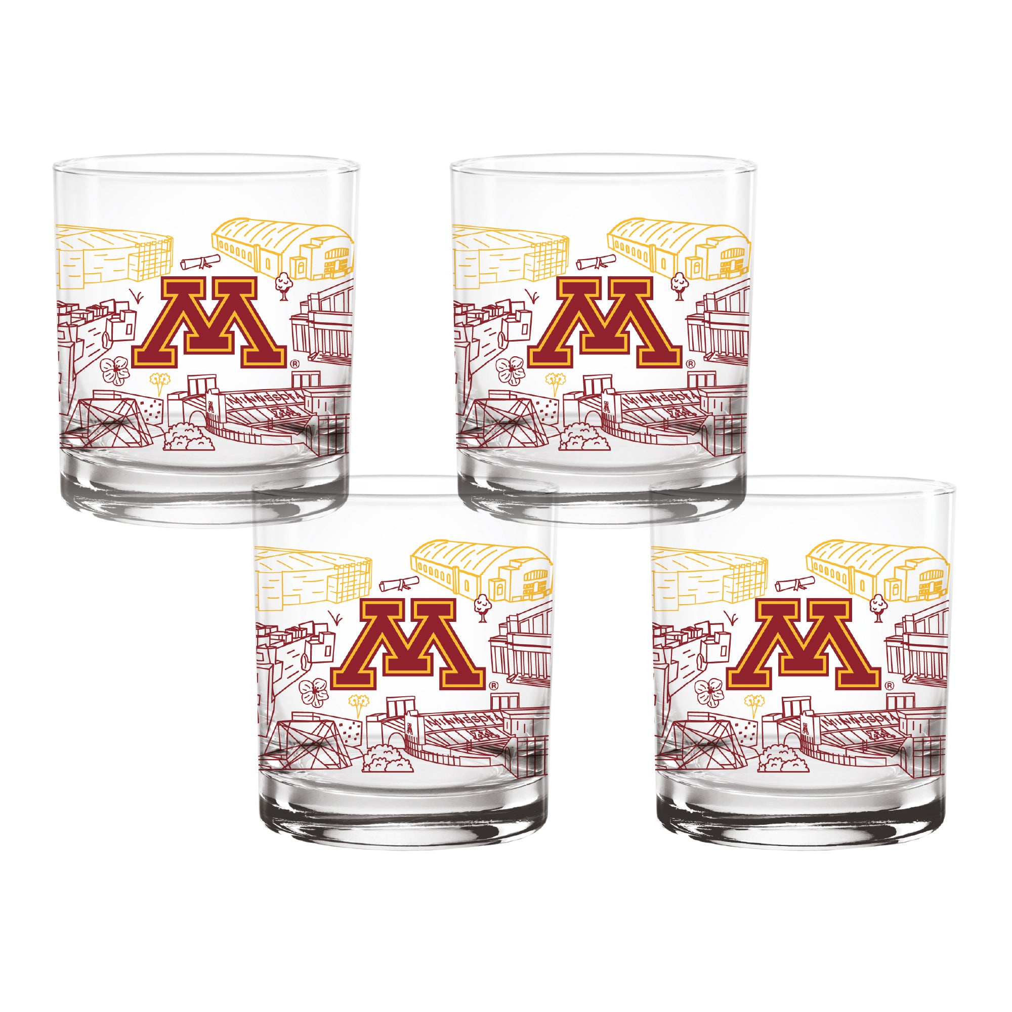 Set of 4 Minnesota Golden Gophers Campus Line Art 14oz Rocks Glasses