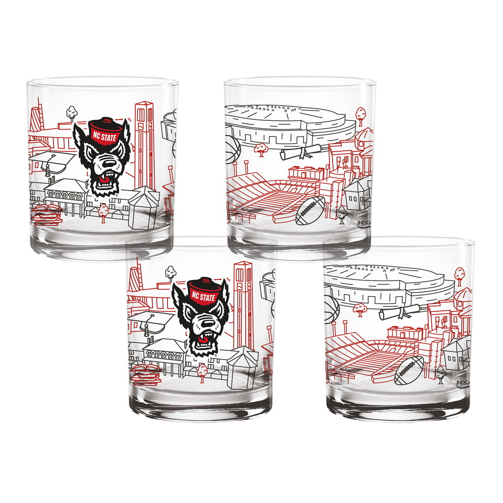 Set of 4 NC State Wolf pack Campus Line Art 14oz Rocks Glasses