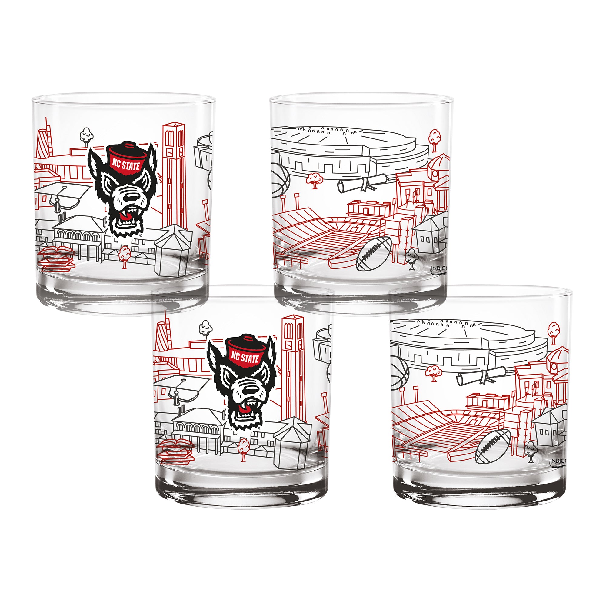 Set of 4 NC State Wolf pack Campus Line Art 14oz Rocks Glasses