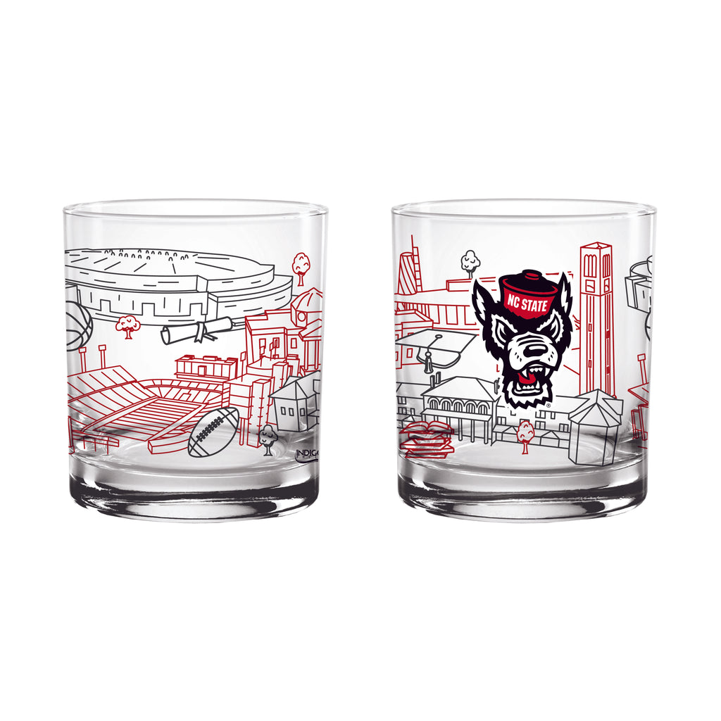 Set of 2 NC State Wolf pack Campus Line Art 14oz Rocks Glasses