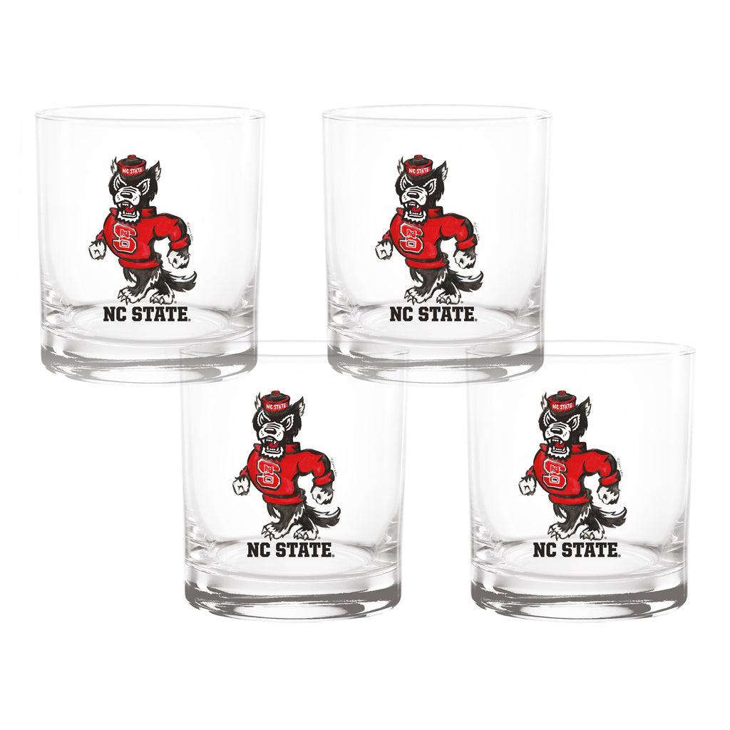Set of 4 NC State Wolfpack Mascot by Laura Wilcox 14oz Rocks Glasses