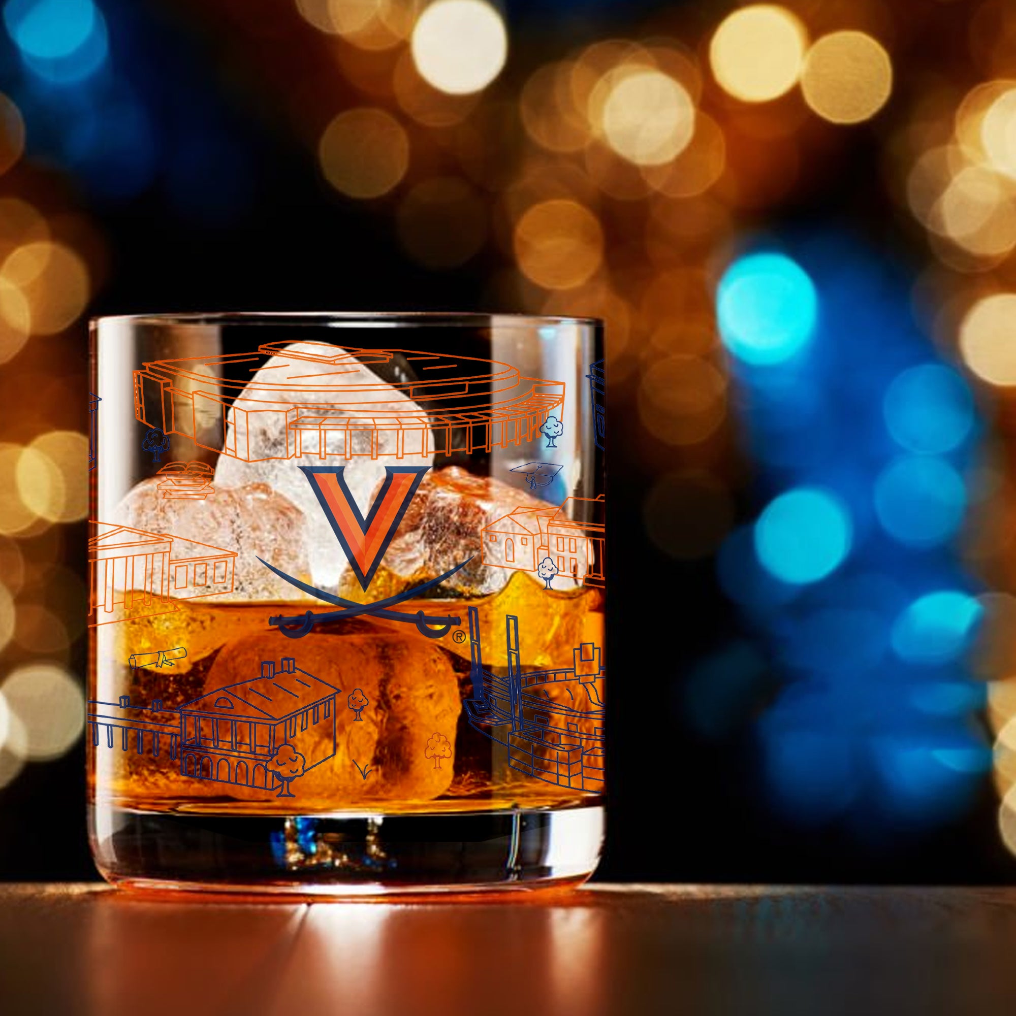 Set of 4 Virginia Cavaliers Campus Line Art 14oz Rocks Glasses