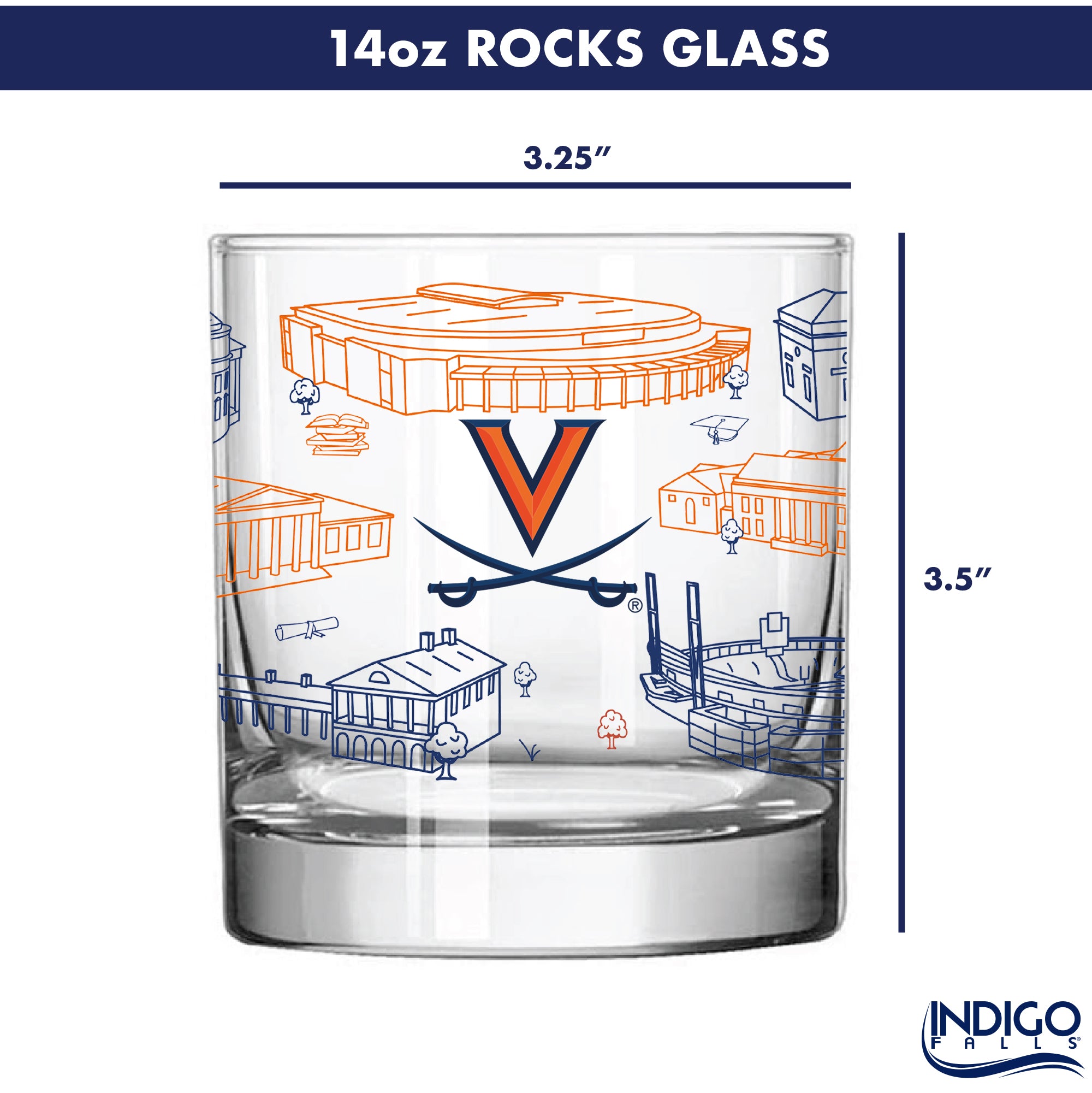 Set of 4 Virginia Cavaliers Campus Line Art 14oz Rocks Glasses