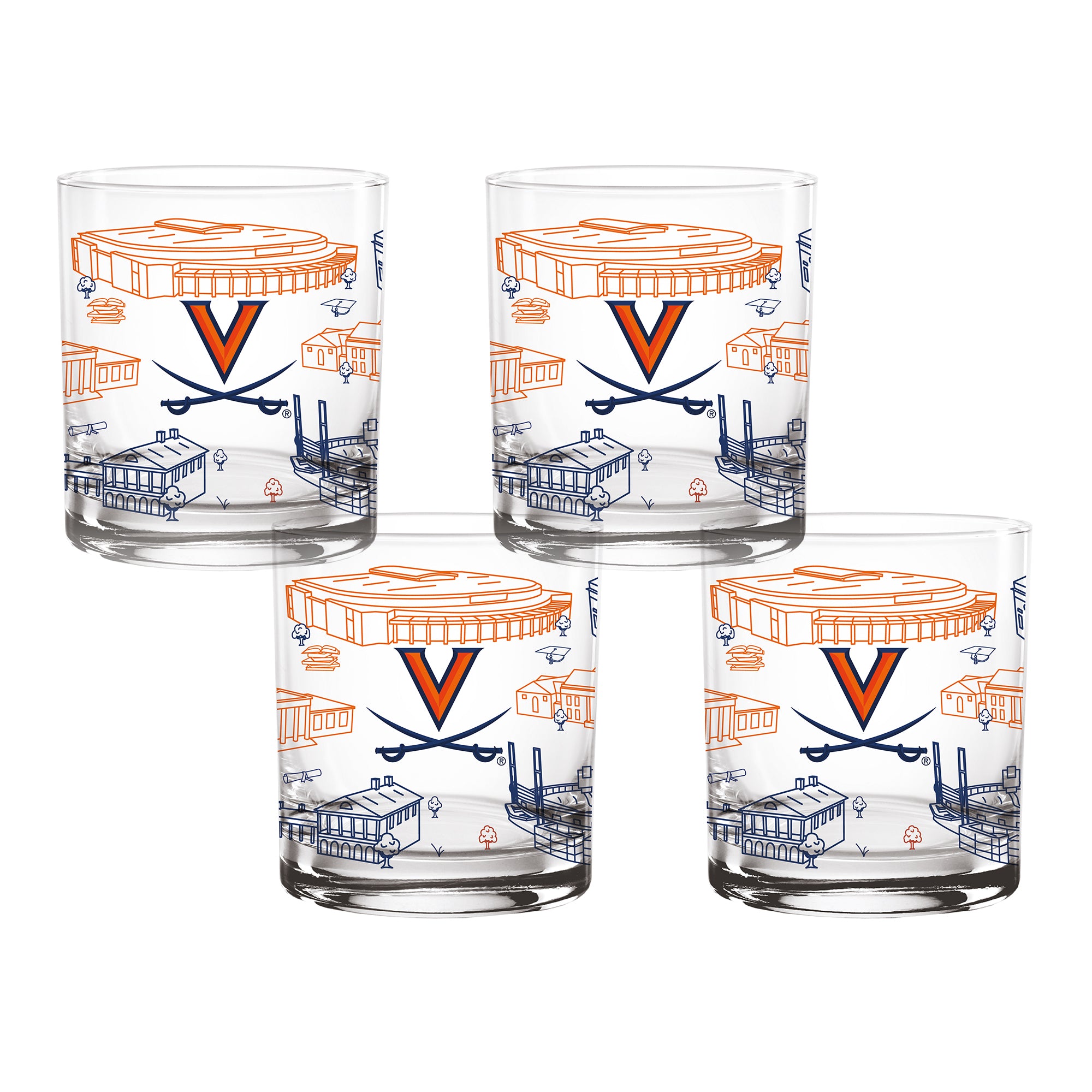 Set of 4 Virginia Cavaliers Campus Line Art 14oz Rocks Glasses