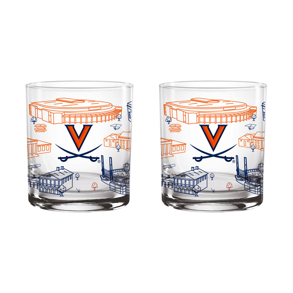 Set of 2 Virginia Cavaliers Campus Line Art 14oz Rocks Glasses