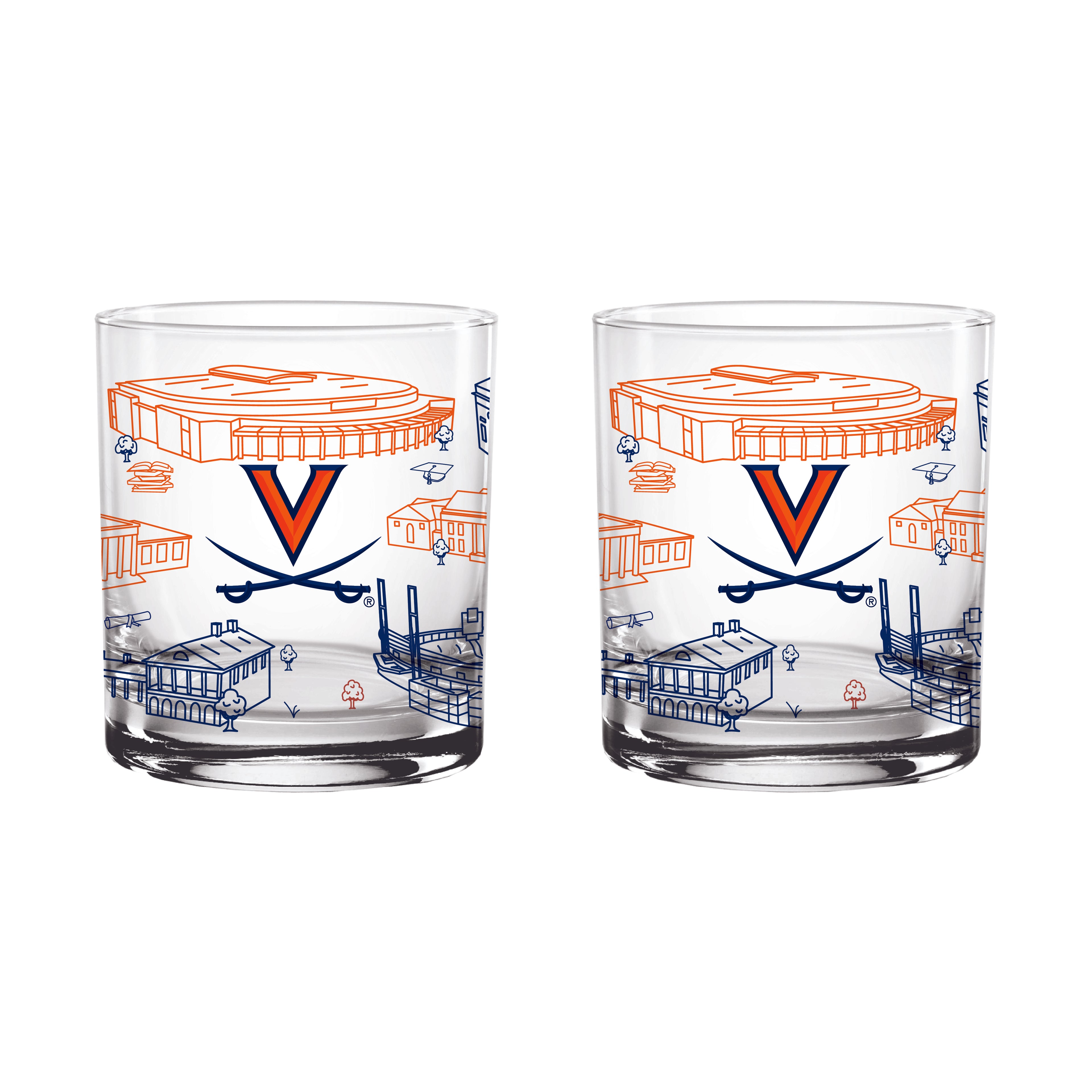 Set of 2 Virginia Cavaliers Campus Line Art 14oz Rocks Glasses