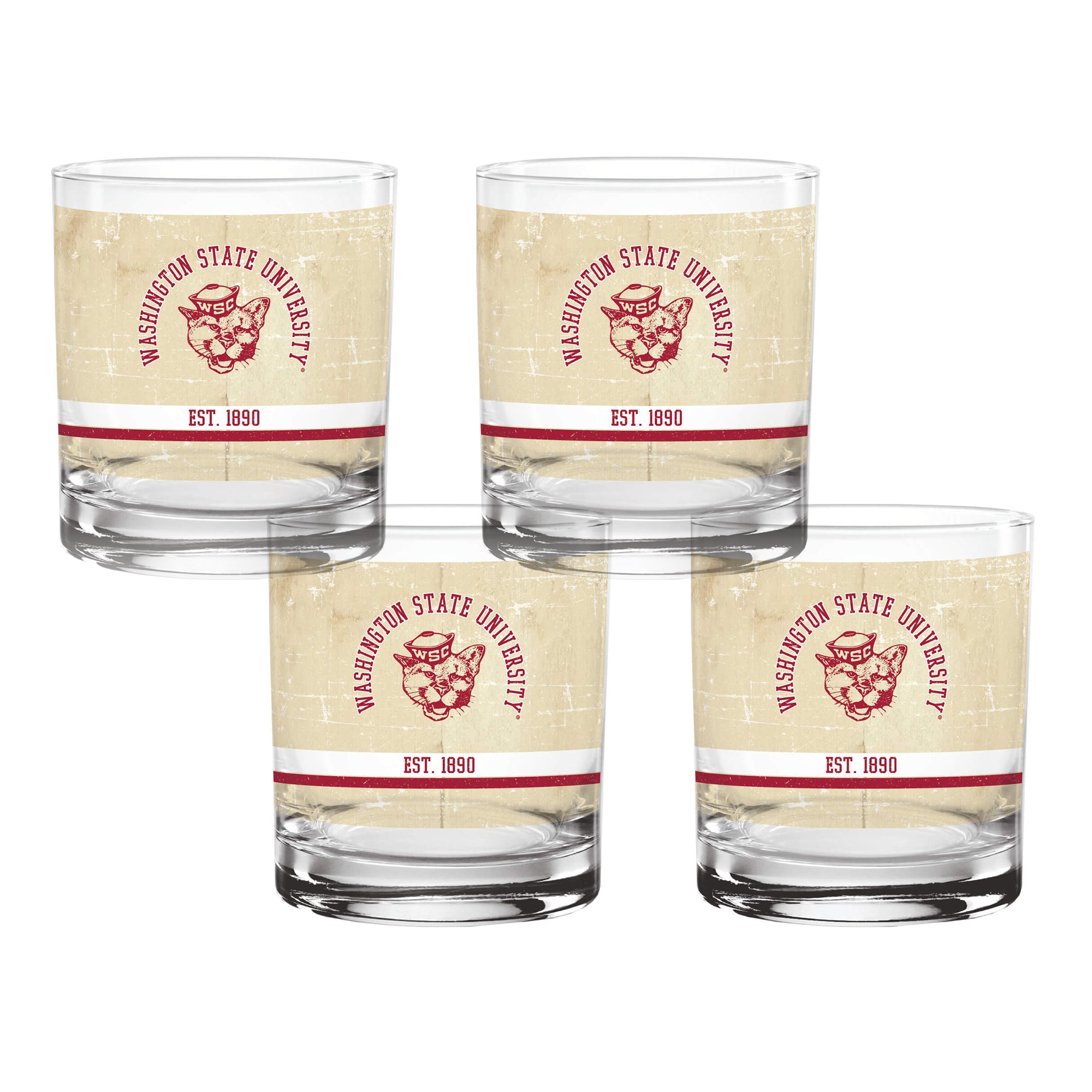 Set of 4 Washington State College Vault Tan Retro 14oz Rocks Glasses