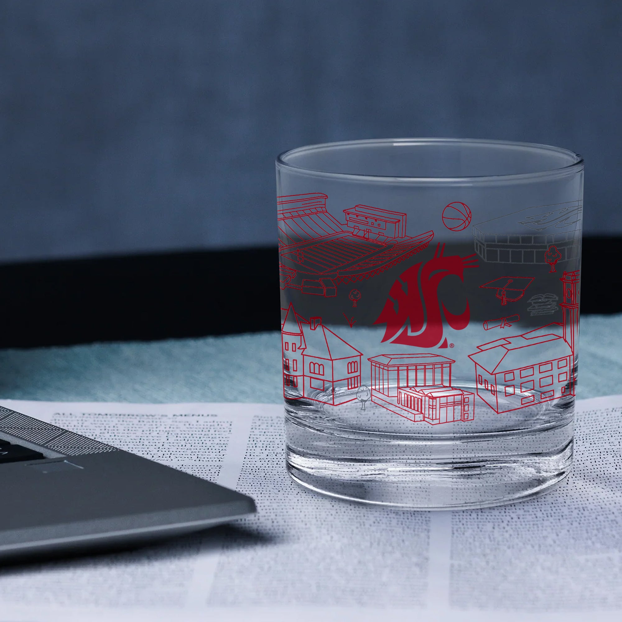 Set of 4 Washington State Cougars Campus Line Art 14oz Rocks Glasses