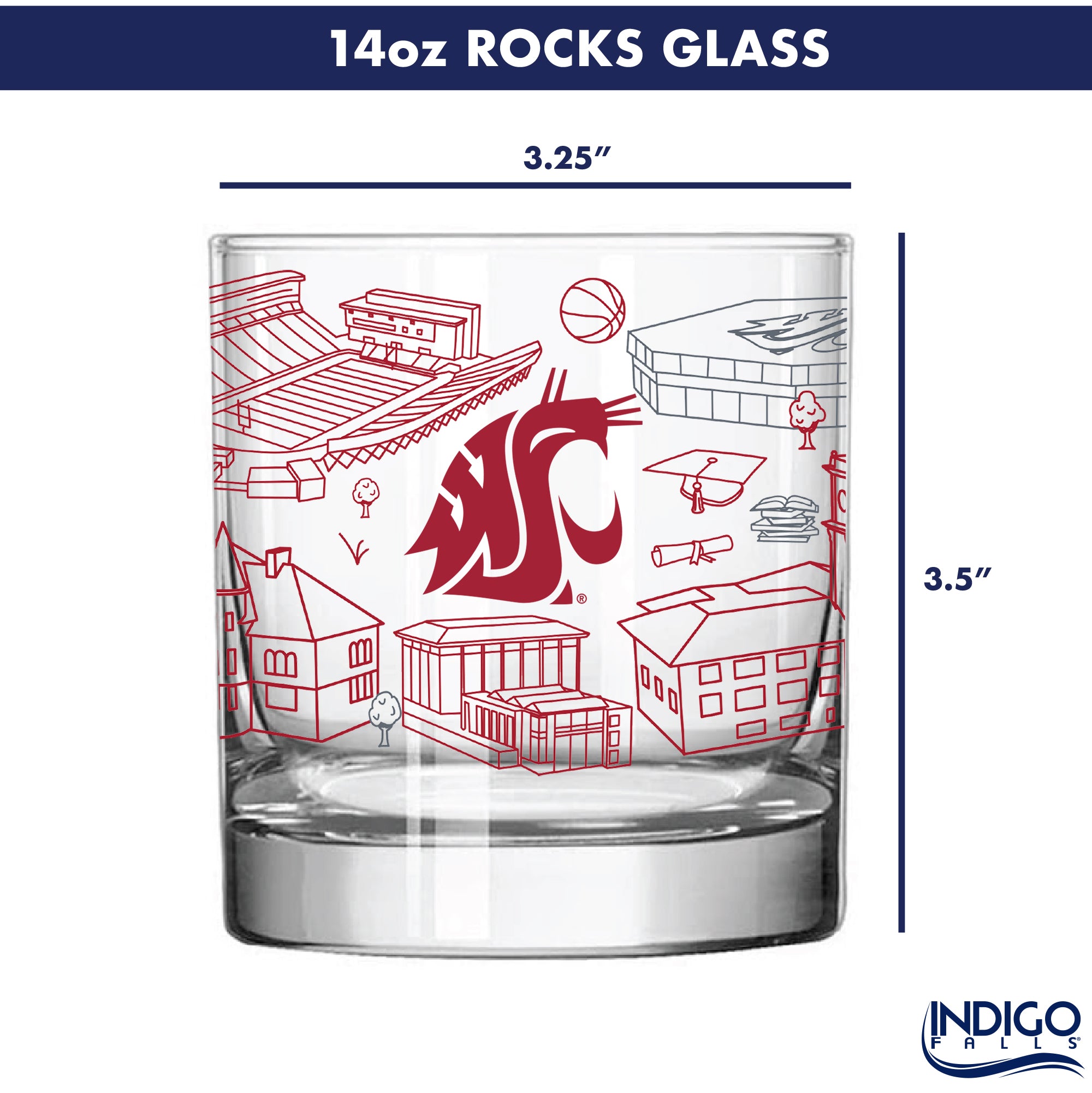 Set of 4 Washington State Cougars Campus Line Art 14oz Rocks Glasses