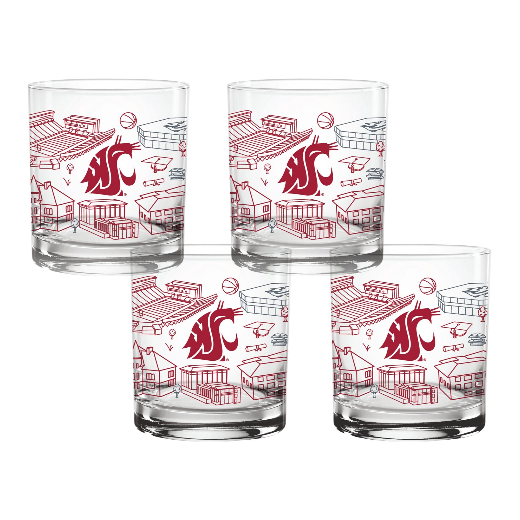 Set of 4 Washington State Cougars Campus Line Art 14oz Rocks Glasses