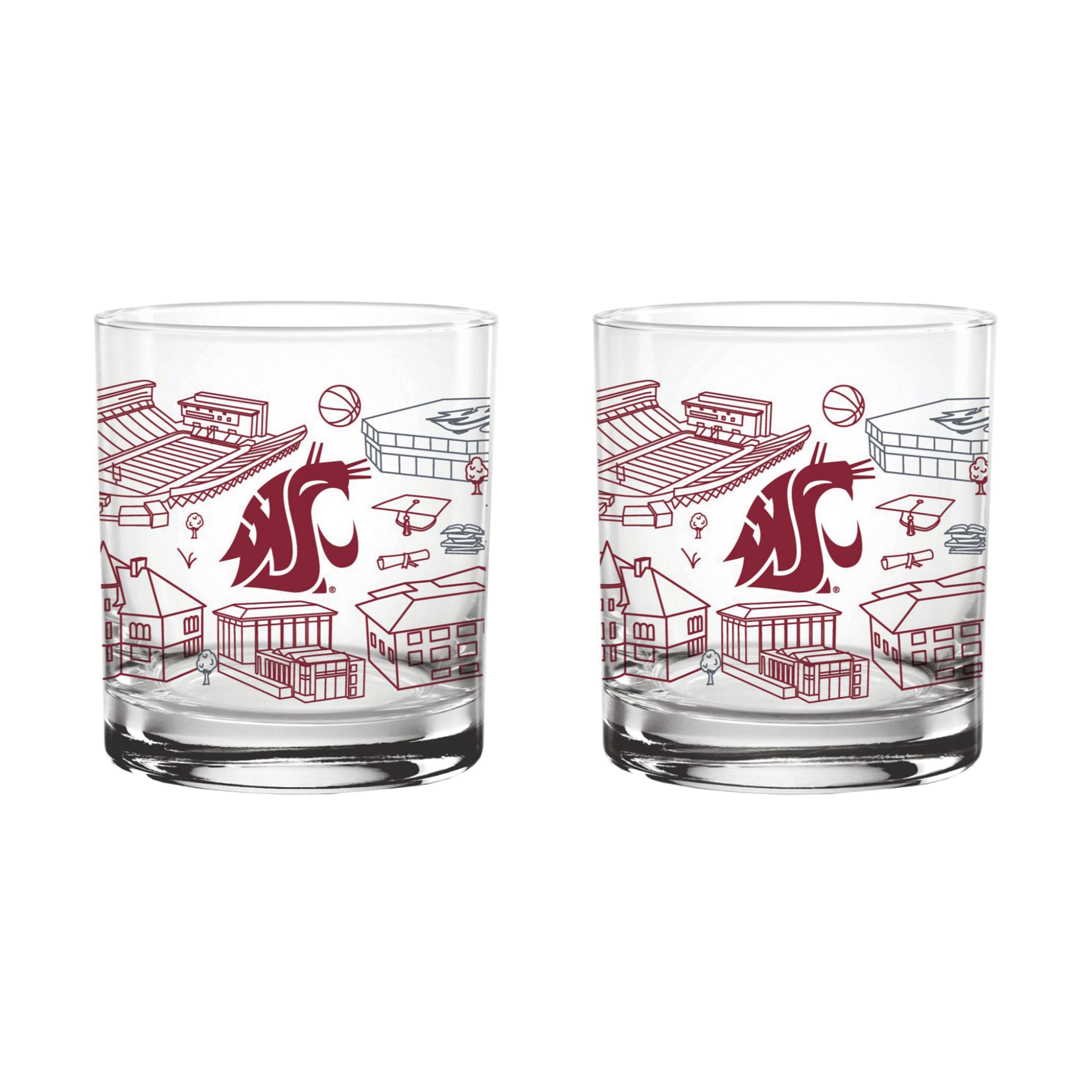 Set of 2 Washington State Cougars Campus Line Art 14oz Rocks Glasses
