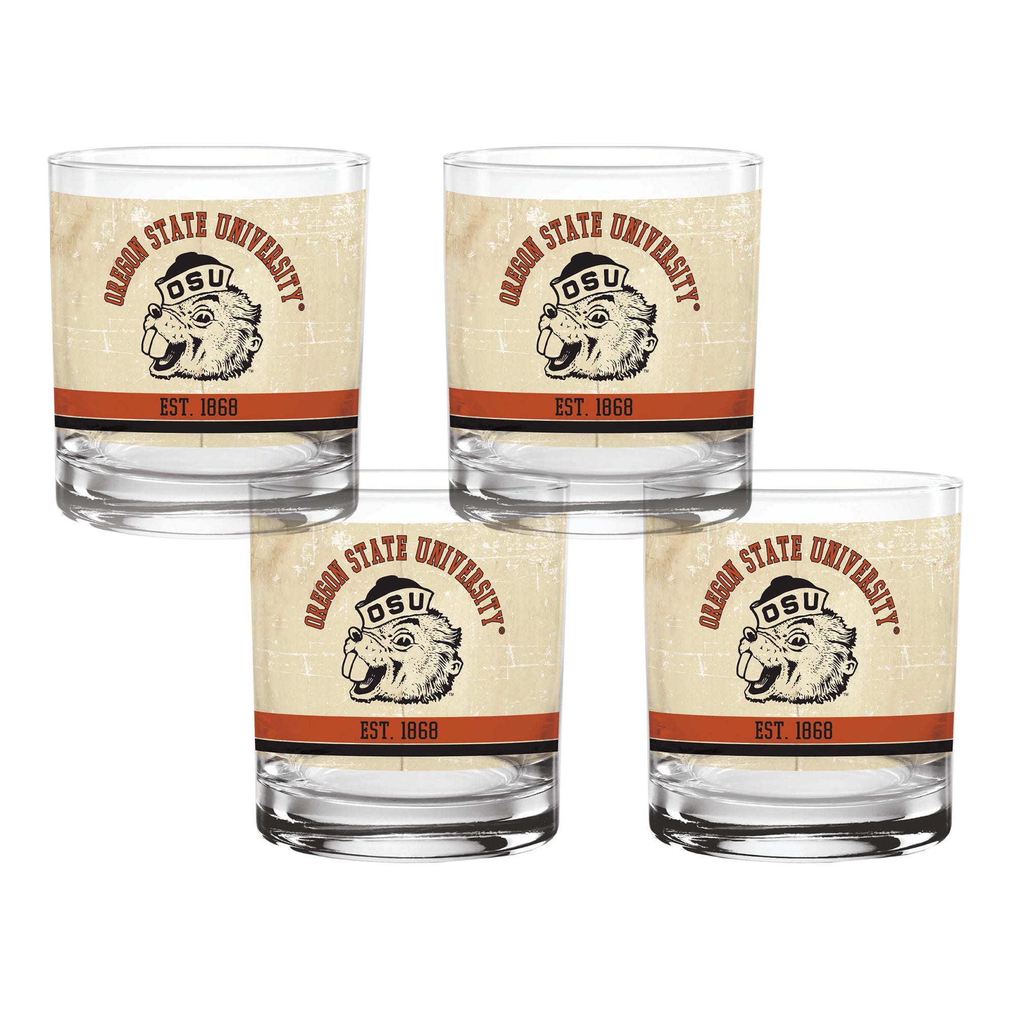 Set of 4 Oregon State Beavers College Vault Tan Retro 14oz Rocks Glasses