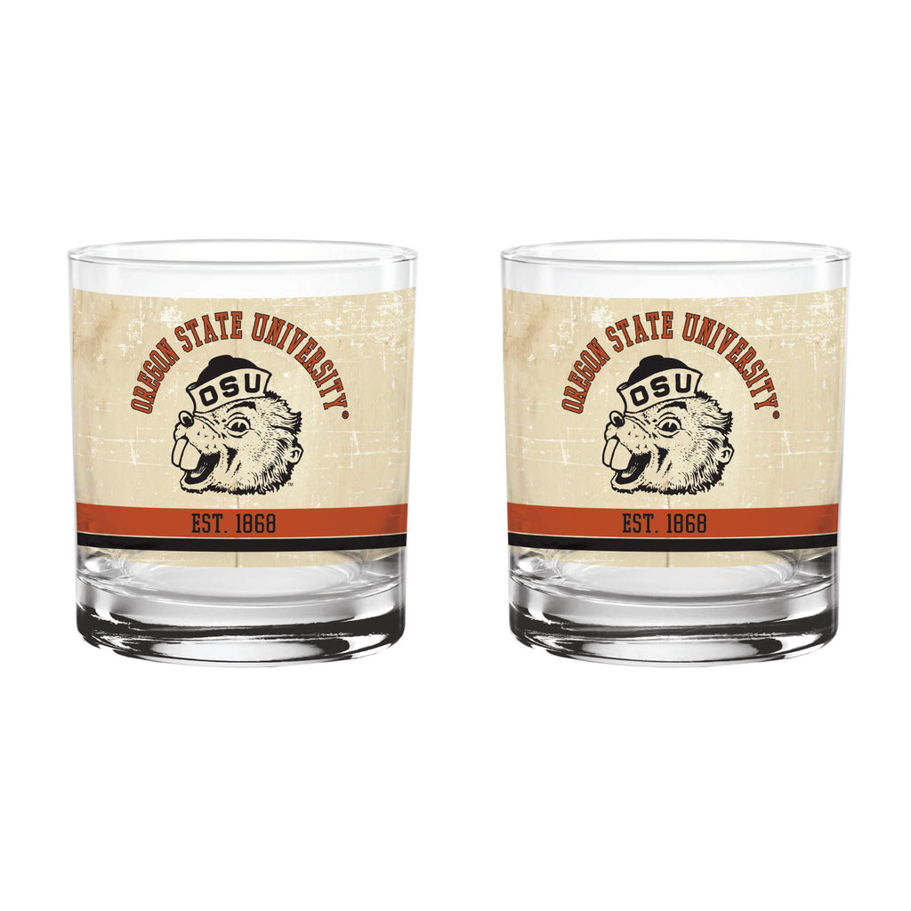 Oregon State Beavers Set of 2 College Vault Tan Retro 14oz Rocks Glasses