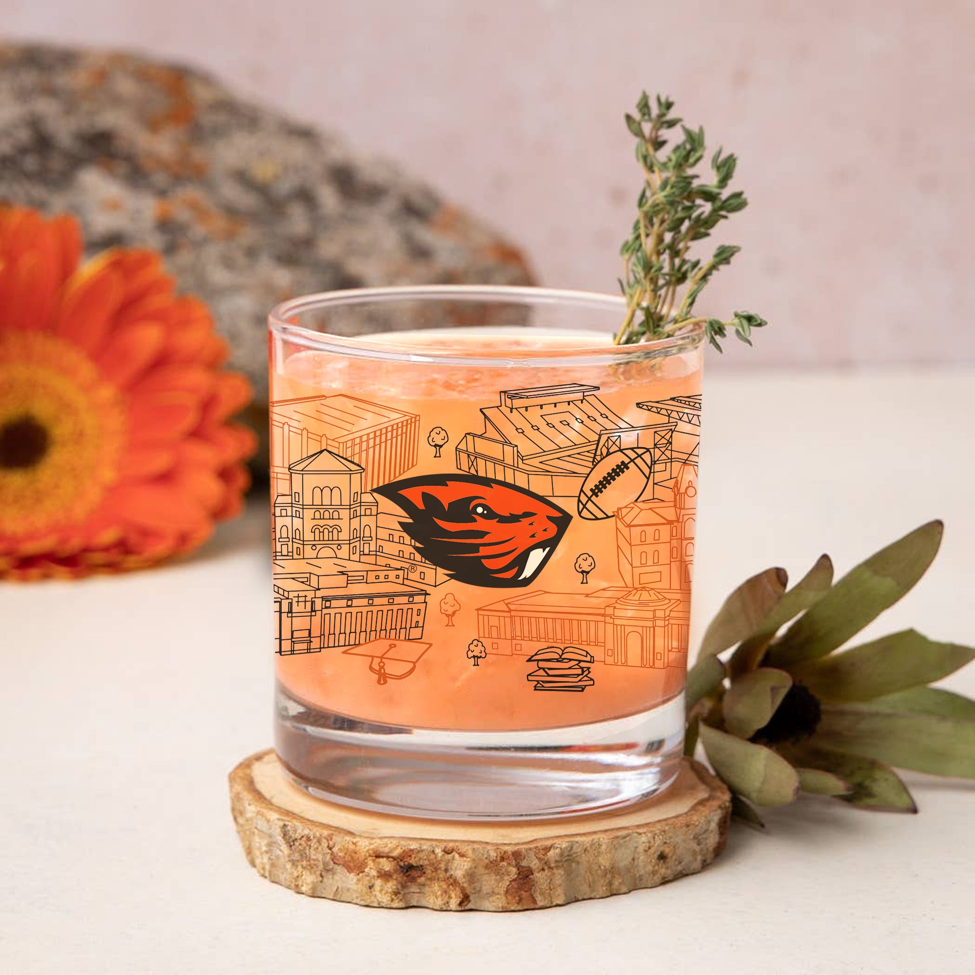 Set of 4 Oregon State Beavers Campus Line Art 14oz Rocks Glasses