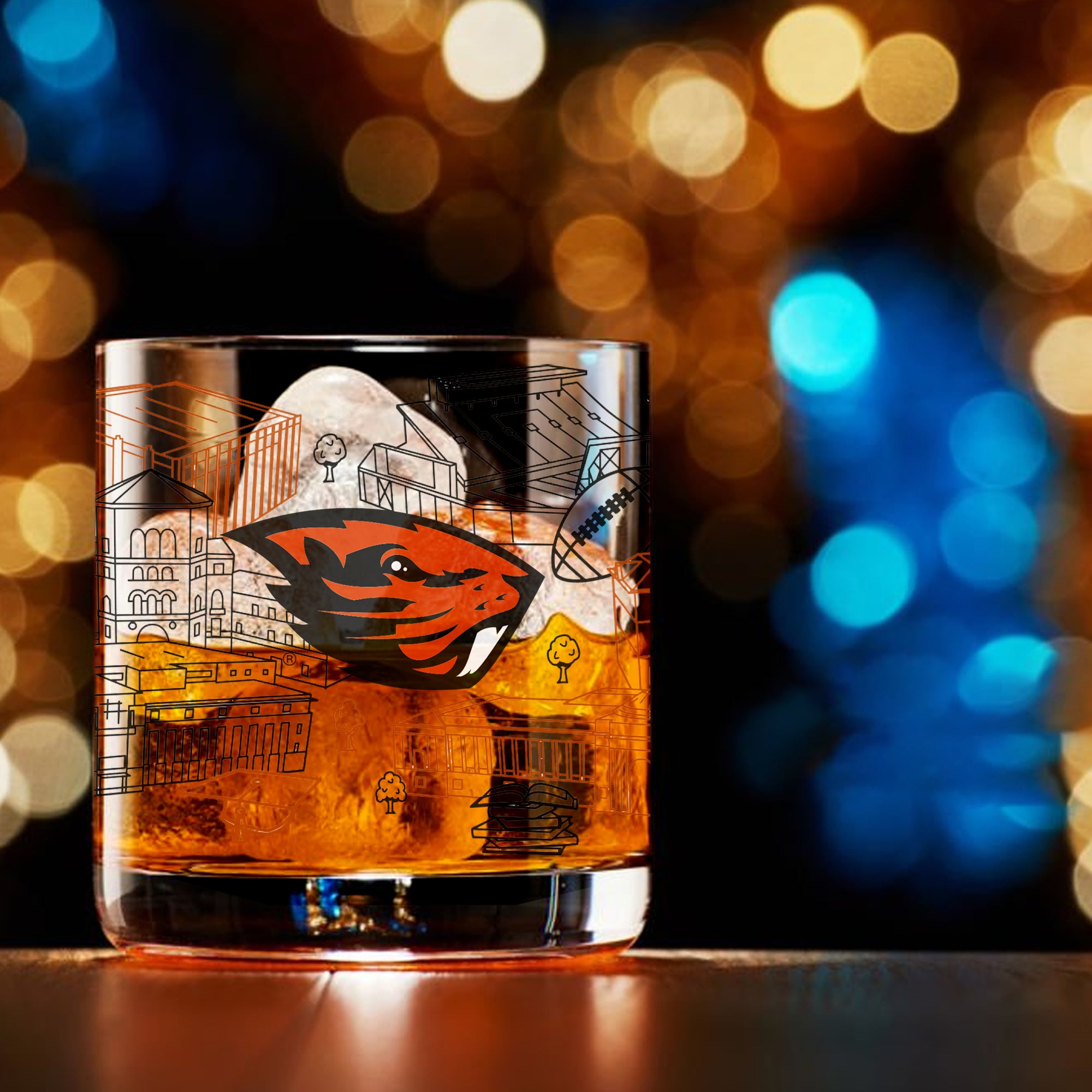 Set of 4 Oregon State Beavers Campus Line Art 14oz Rocks Glasses