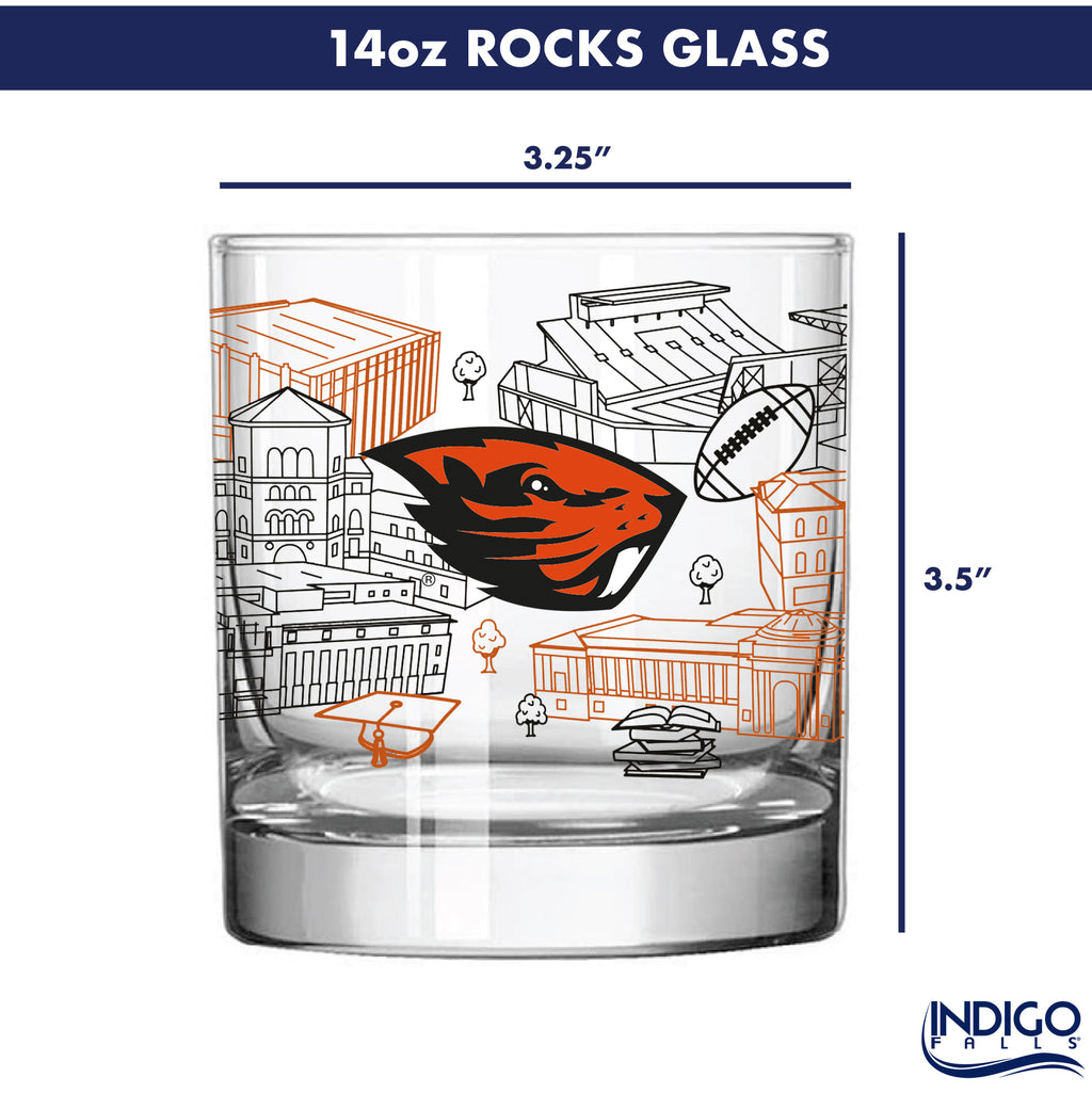 Set of 4 Oregon State Beavers Campus Line Art 14oz Rocks Glasses