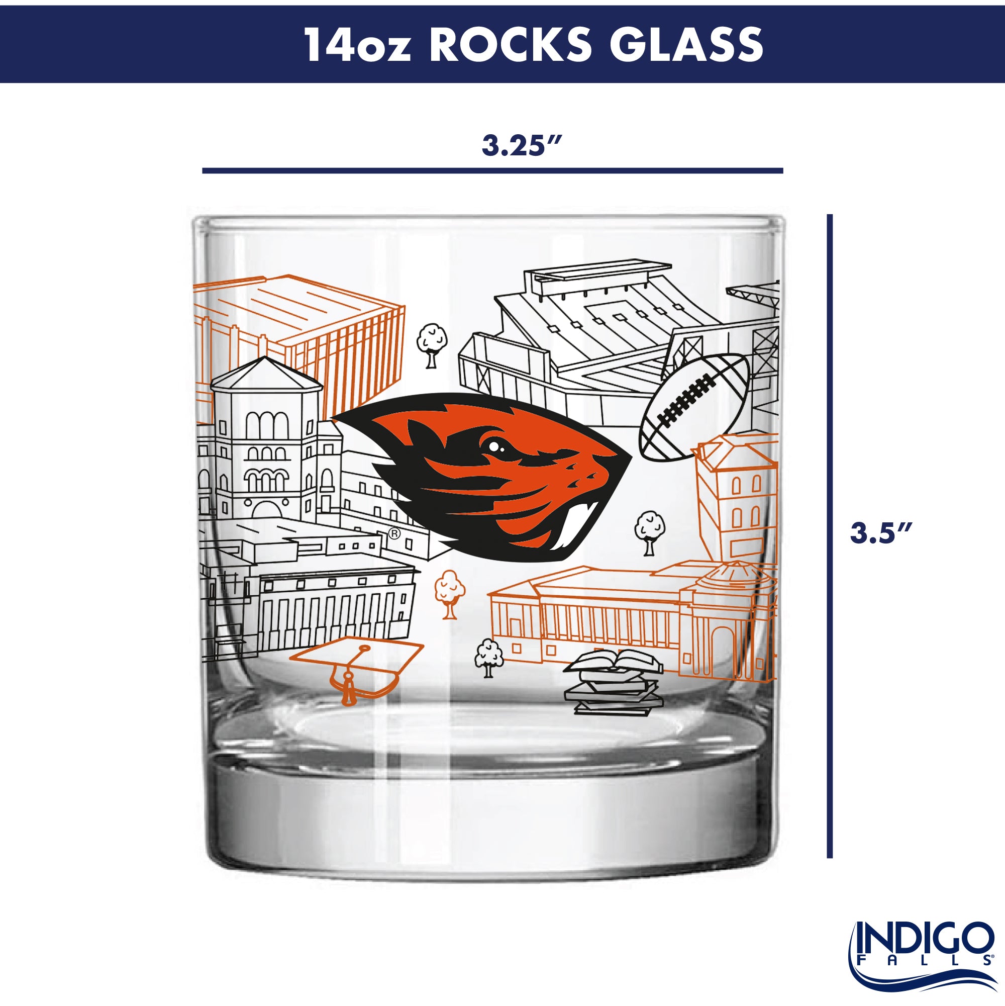 Set of 4 Oregon State Beavers Campus Line Art 14oz Rocks Glasses