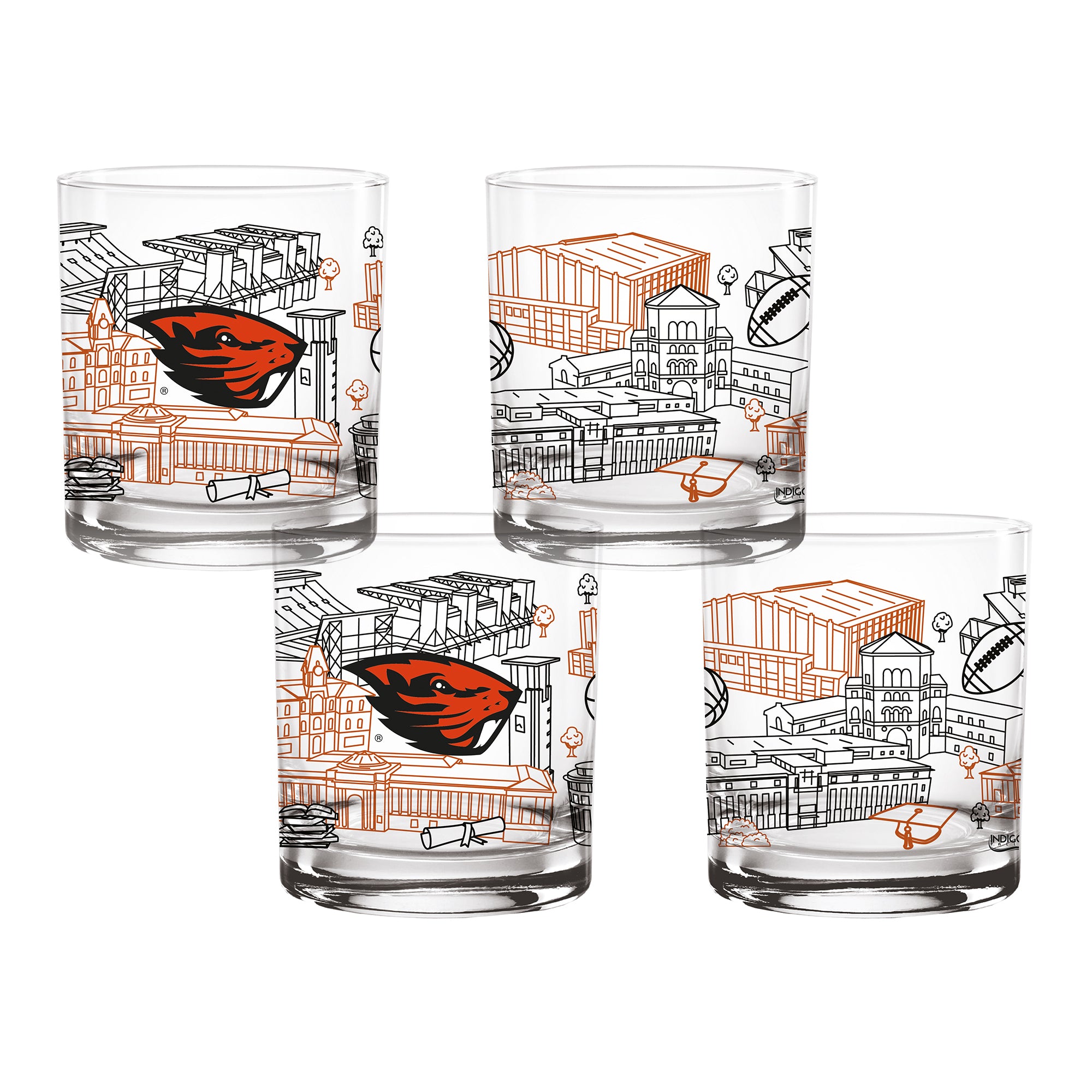 Set of 4 Oregon State Beavers Campus Line Art 14oz Rocks Glasses