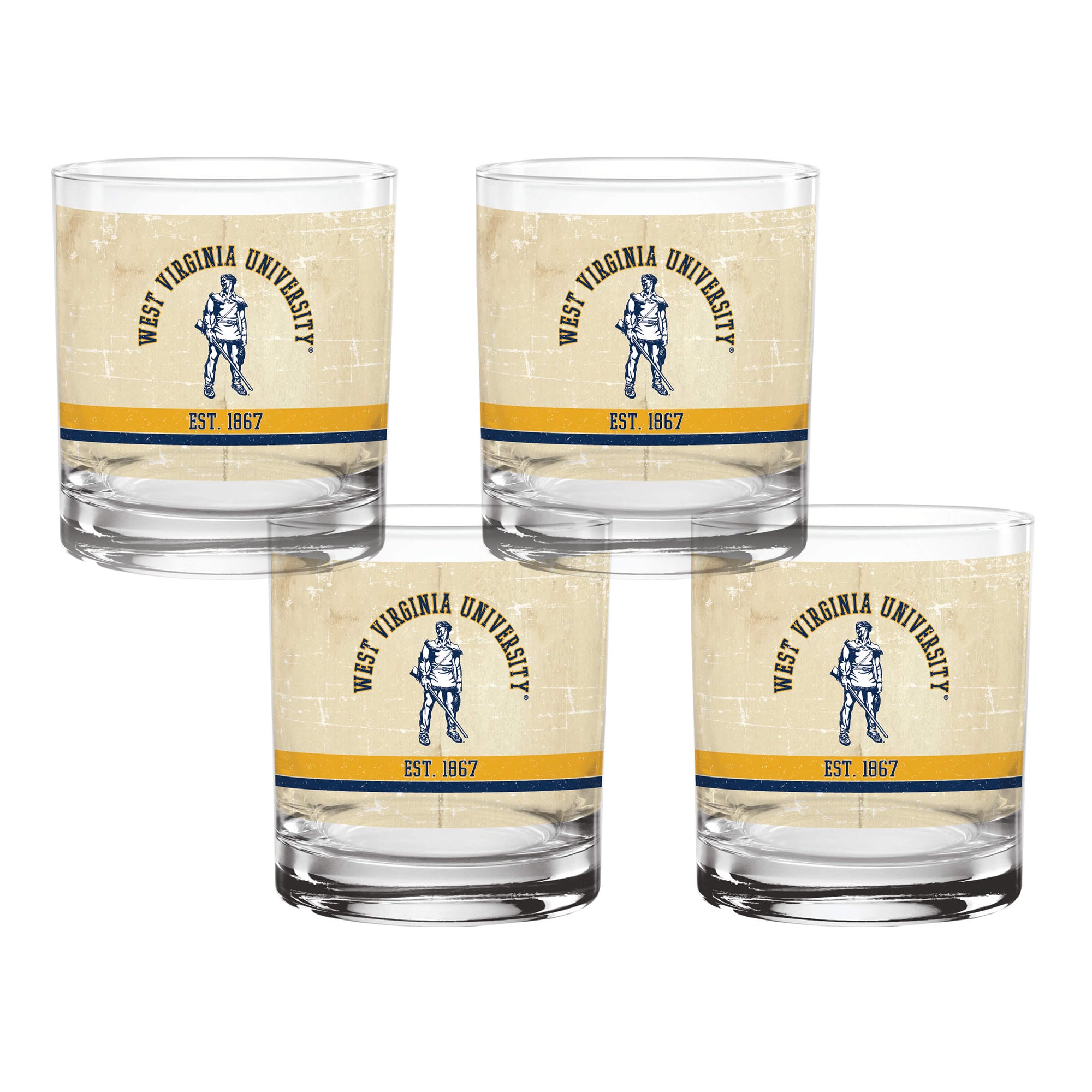 Set of 4 West Virginia Mountaineers College Vault Tan Retro 14oz Rocks Glasses