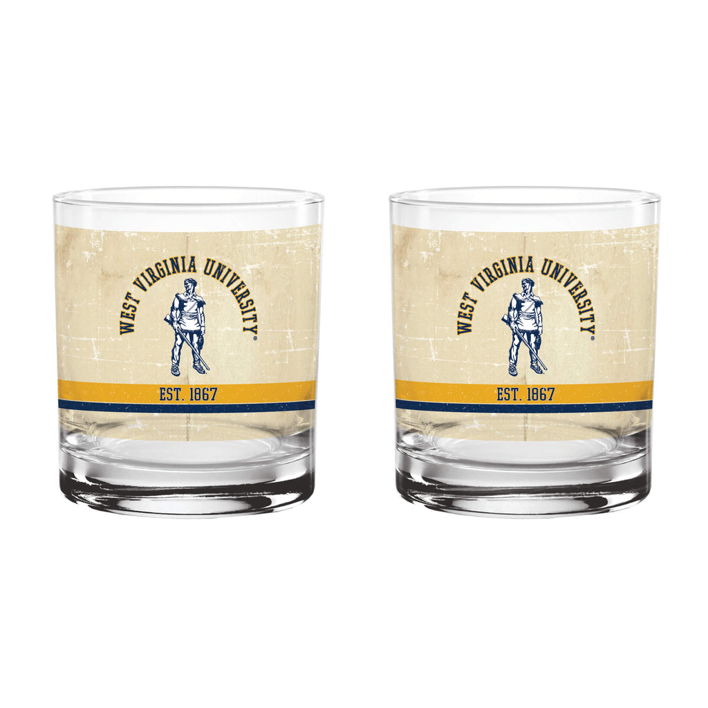 West Virginia Mountaineers Set of 2 College Vault Tan Retro 14oz Rocks Glasses