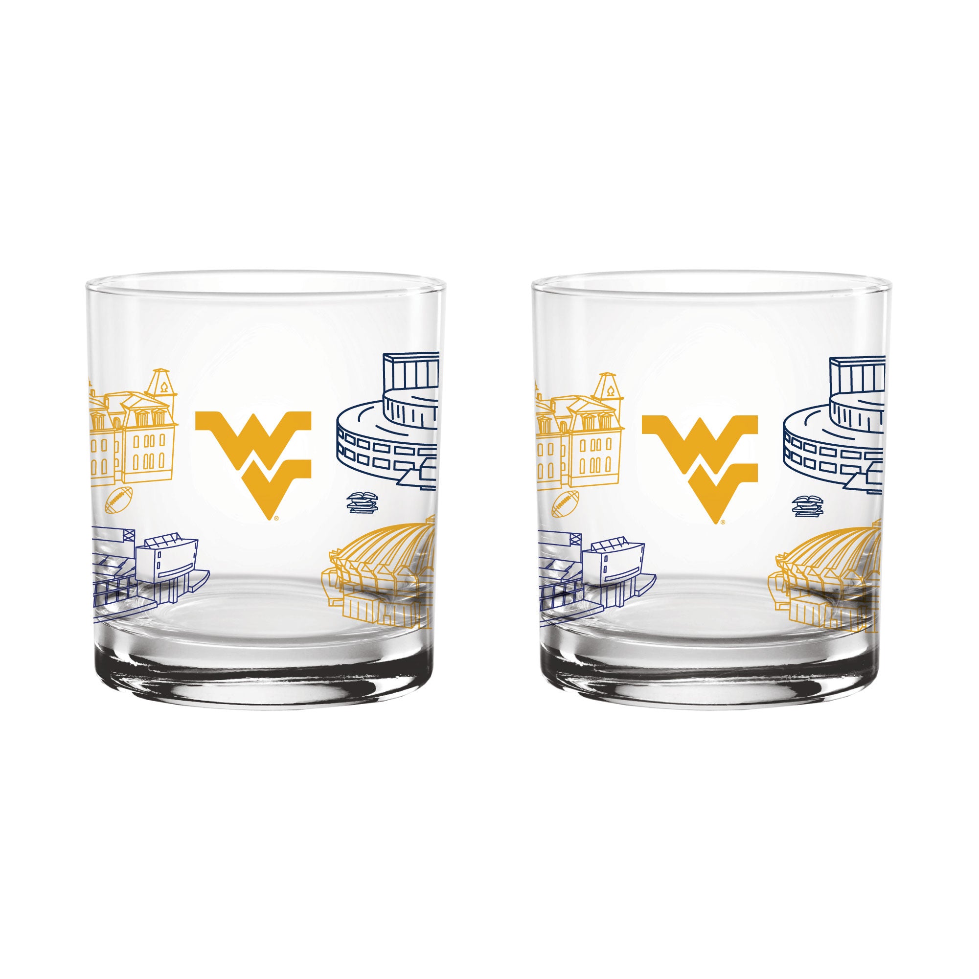 Set of 2 West Virginia Mountaineers Campus Line Art 14oz Rocks Glasses