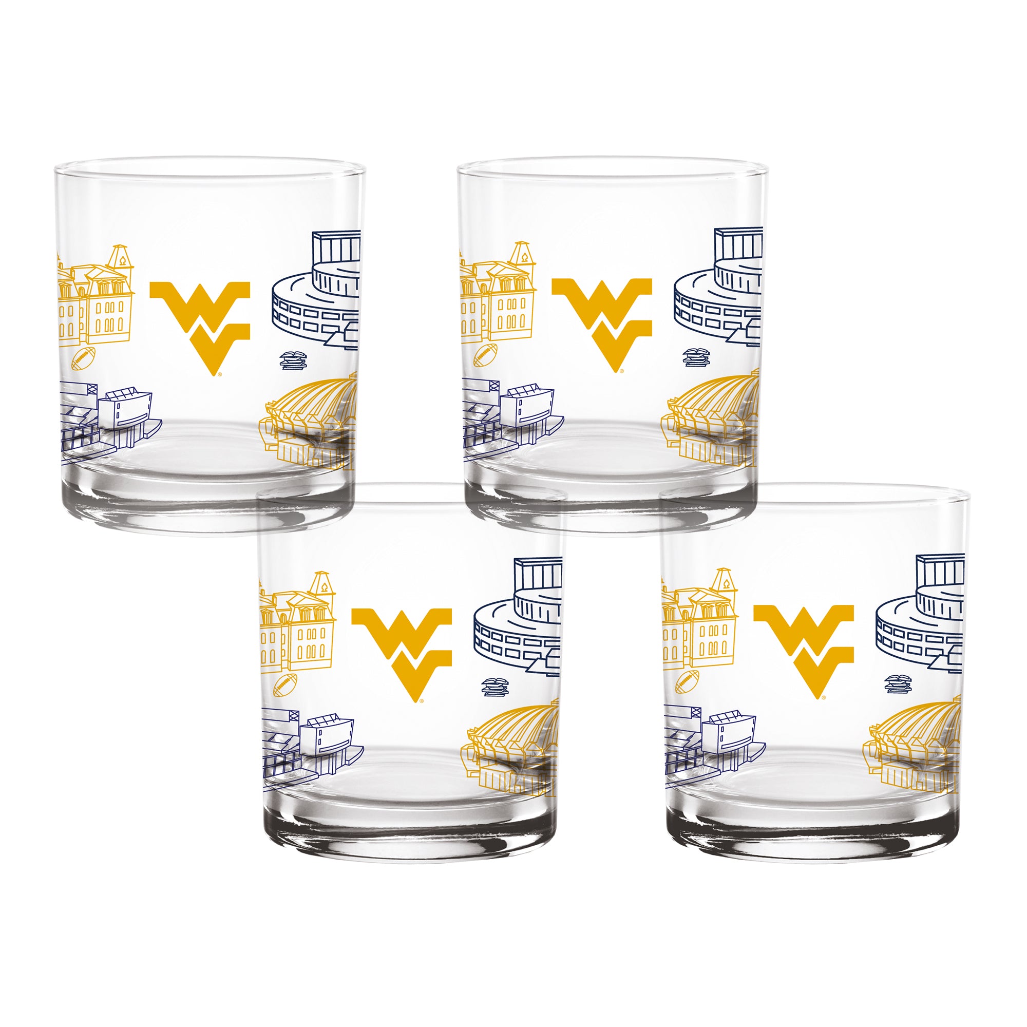 Set of 4 West Virginia Mountaineers Campus Line Art 14oz Rocks Glasses