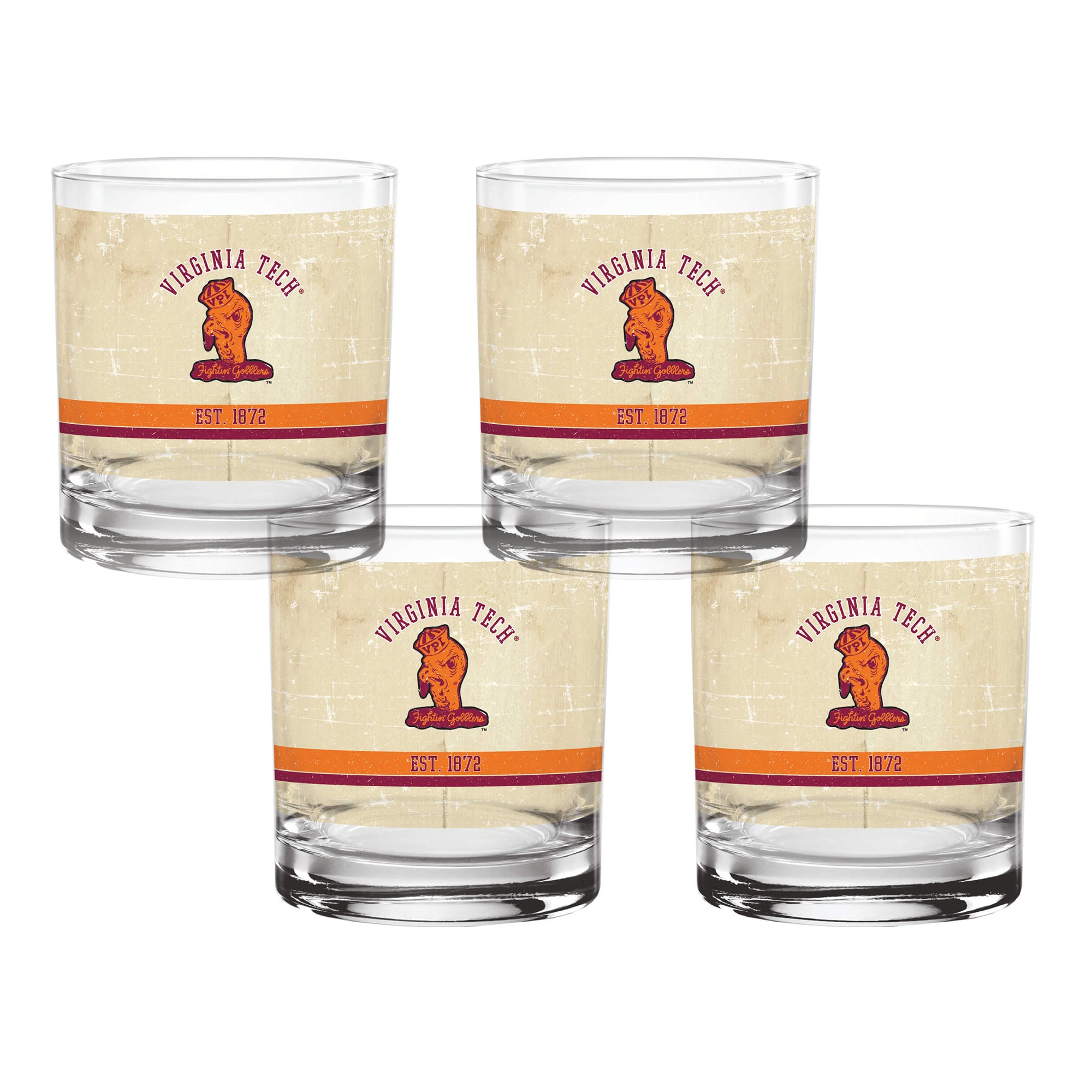 Set of 4 Virginia Tech Hokies College Vault Tan Retro 14oz Rocks Glasses