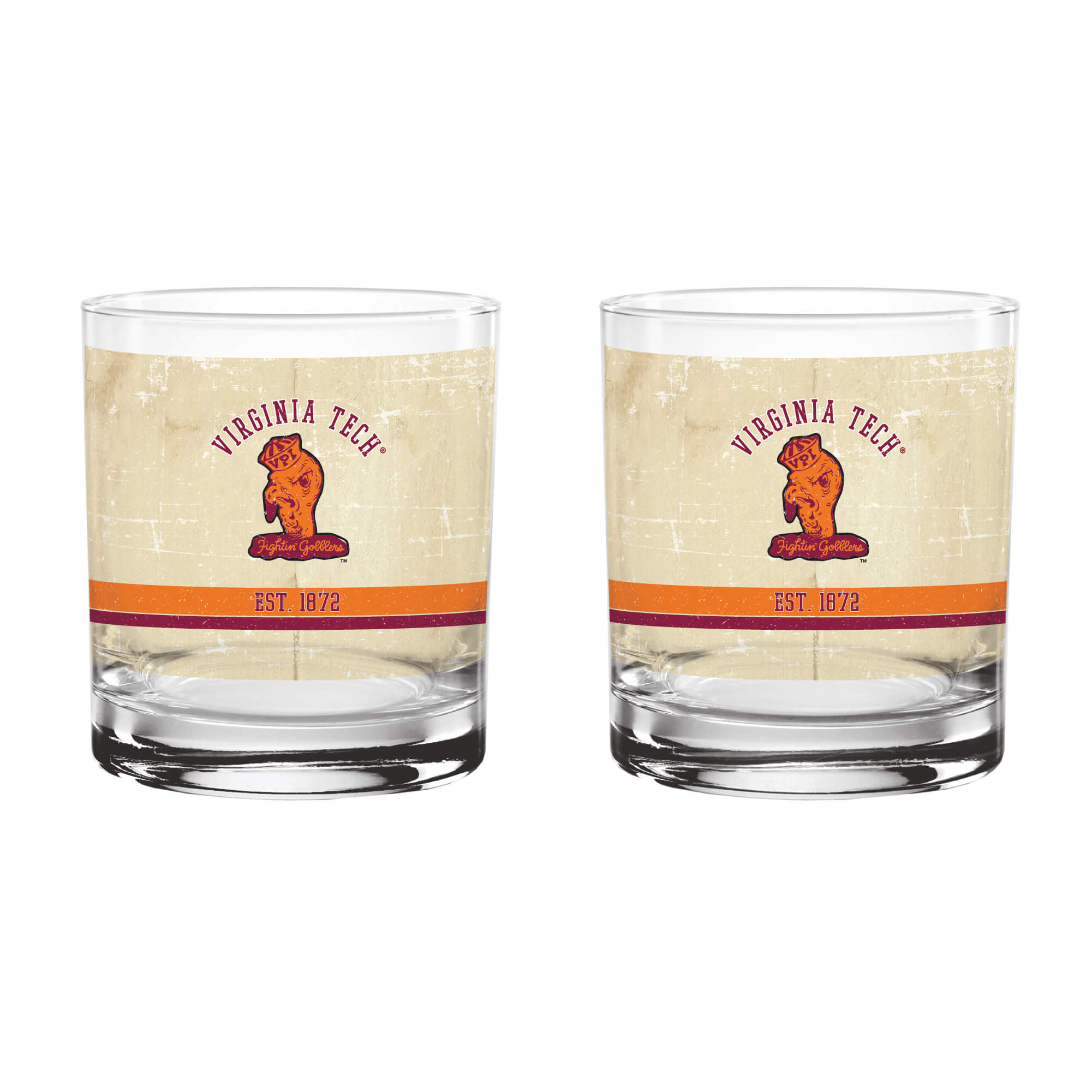 Virginia Tech Hokies Set of 2 College Vault Tan Retro 14oz Rocks Glasses