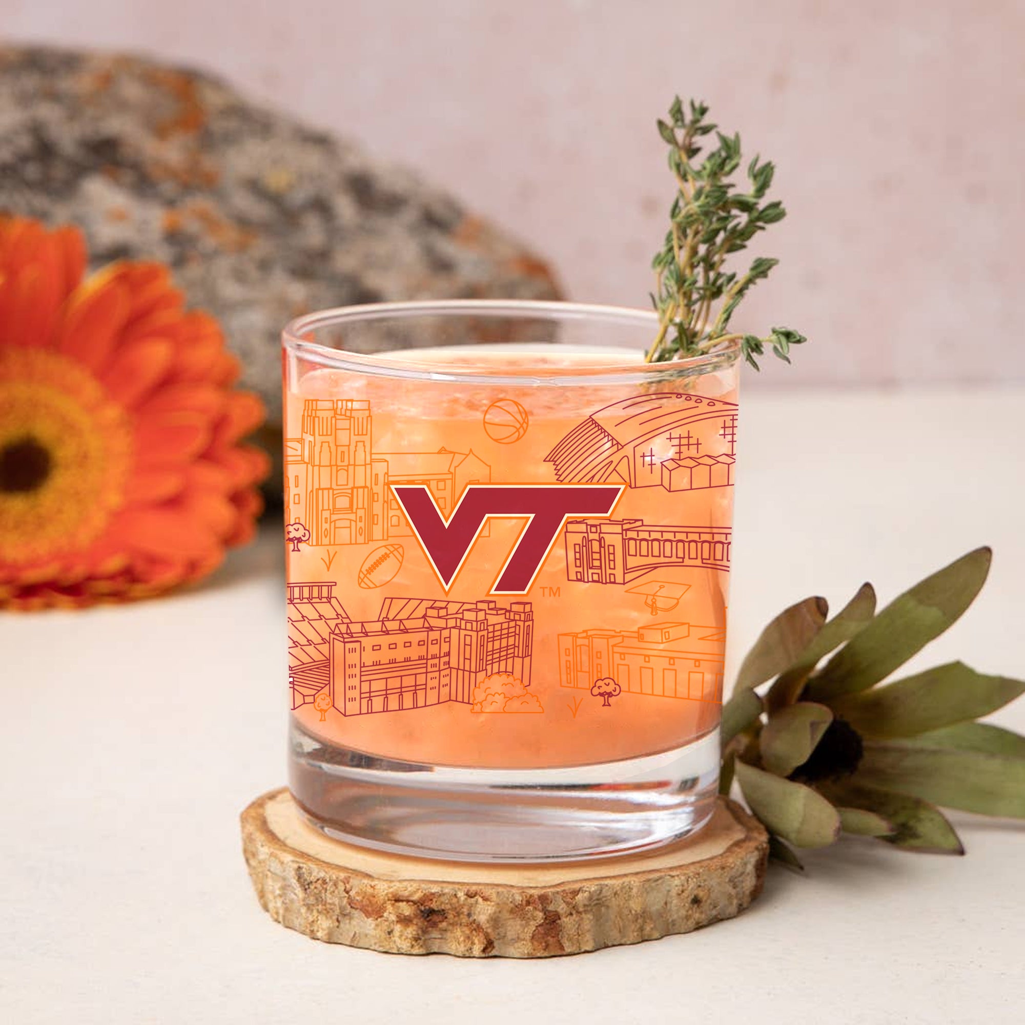 Set of 4 Virginia Tech Hokies Campus Line Art 14oz Rocks Glasses