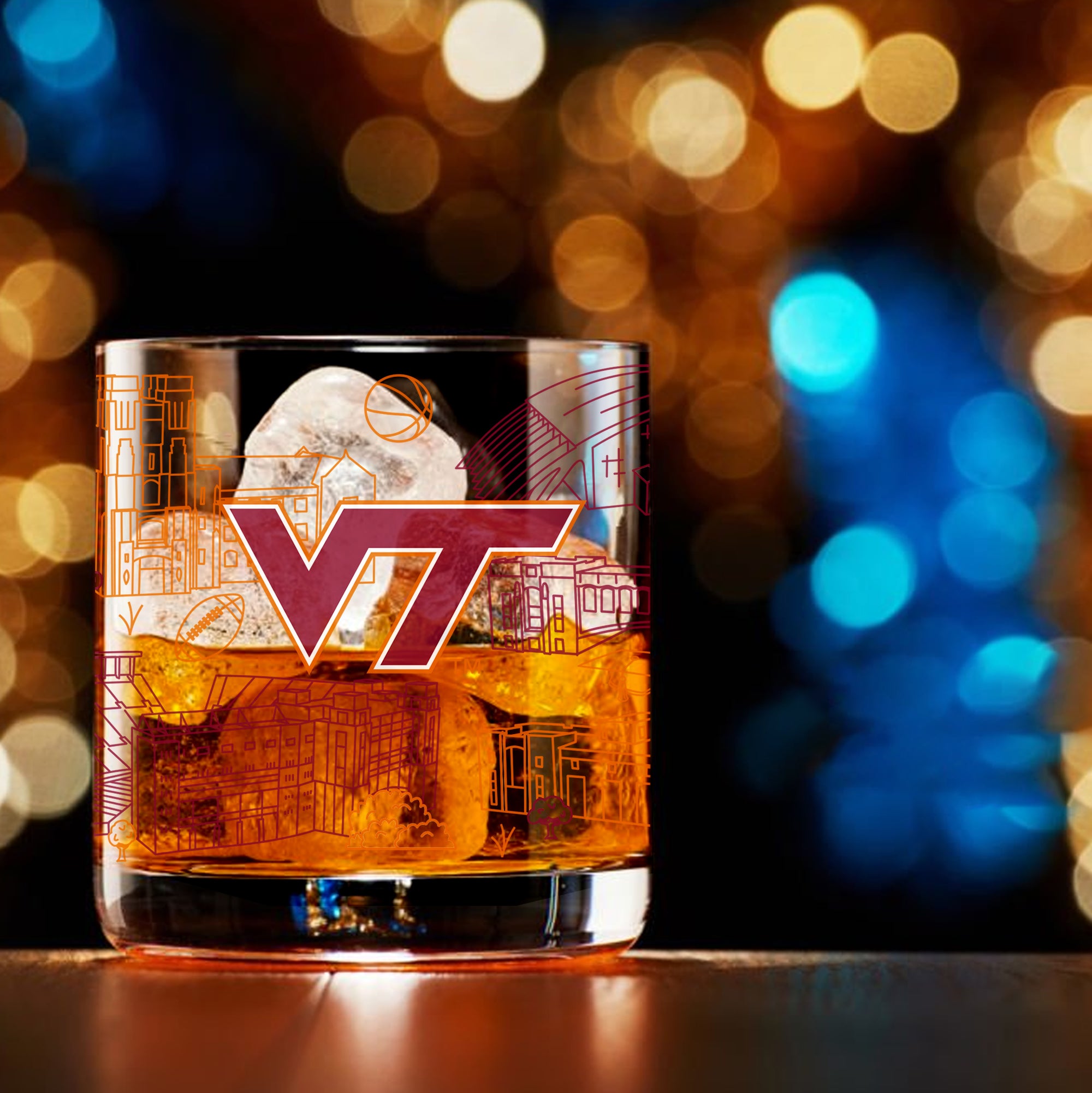 Set of 4 Virginia Tech Hokies Campus Line Art 14oz Rocks Glasses