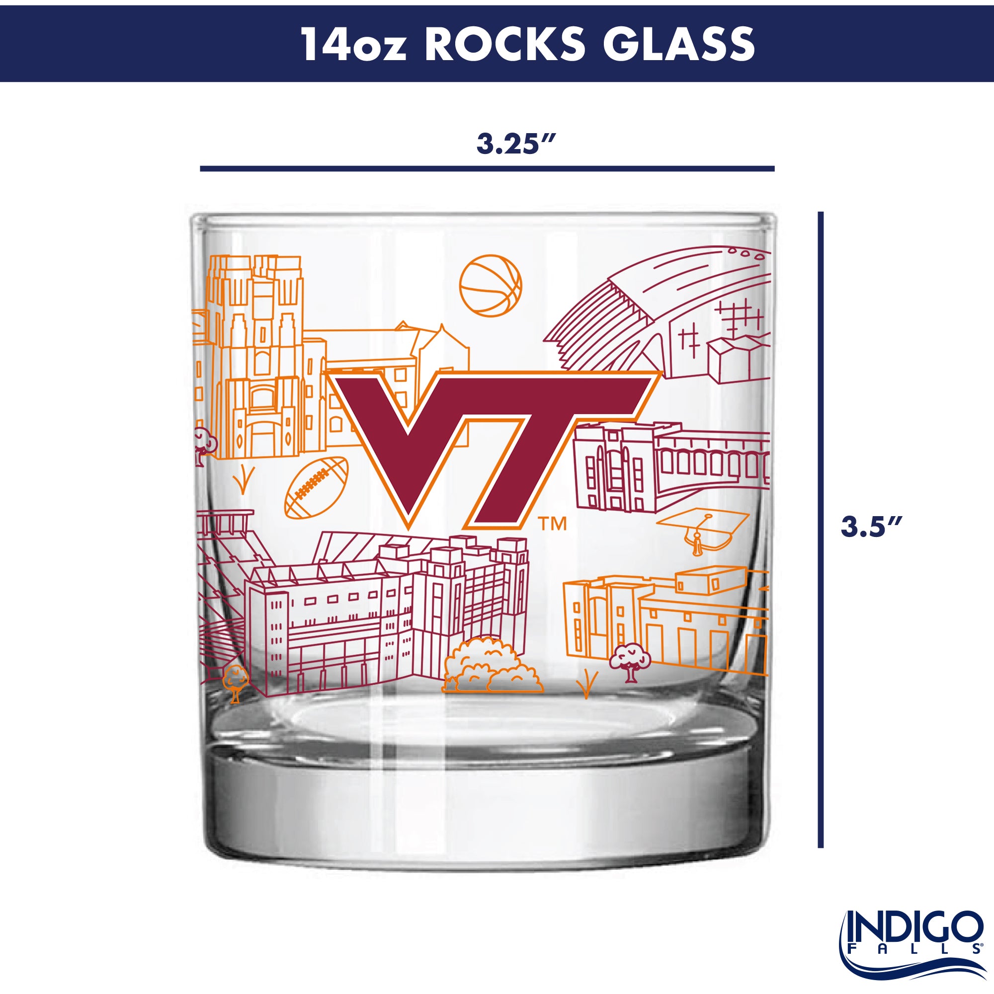 Set of 4 Virginia Tech Hokies Campus Line Art 14oz Rocks Glasses