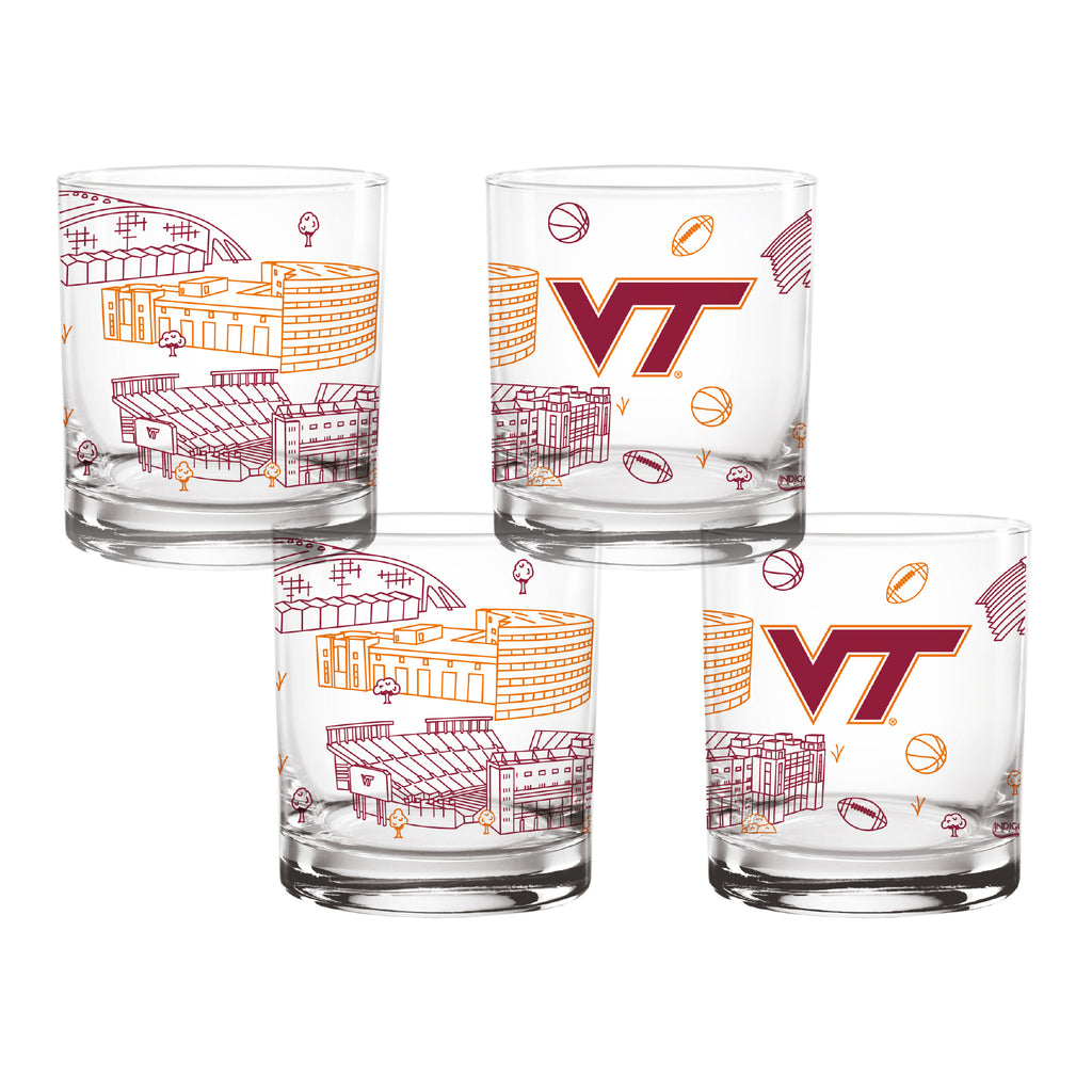 Set of 4 Virginia Tech Hokies Campus Line Art 14oz Rocks Glasses