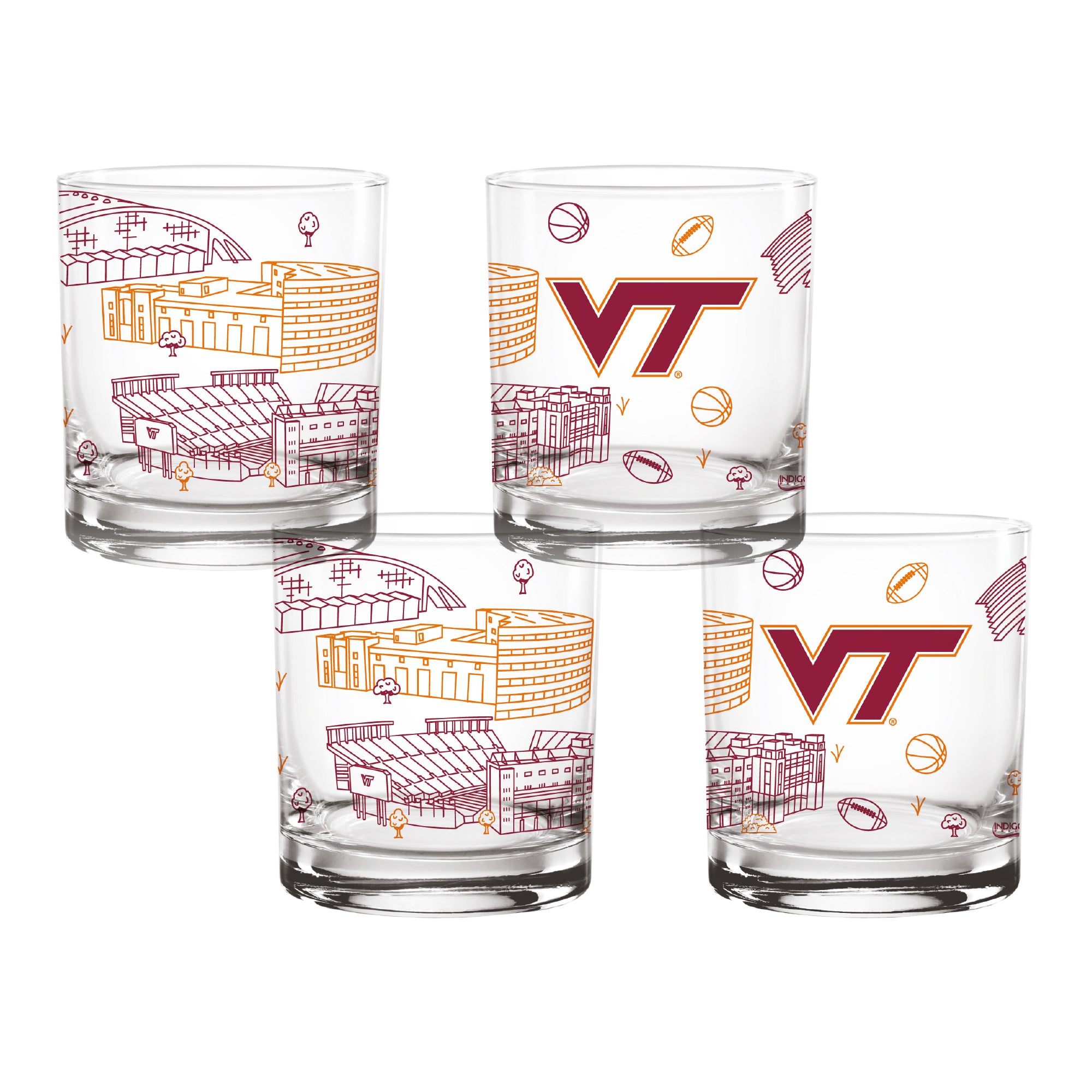 Set of 4 Virginia Tech Hokies Campus Line Art 14oz Rocks Glasses