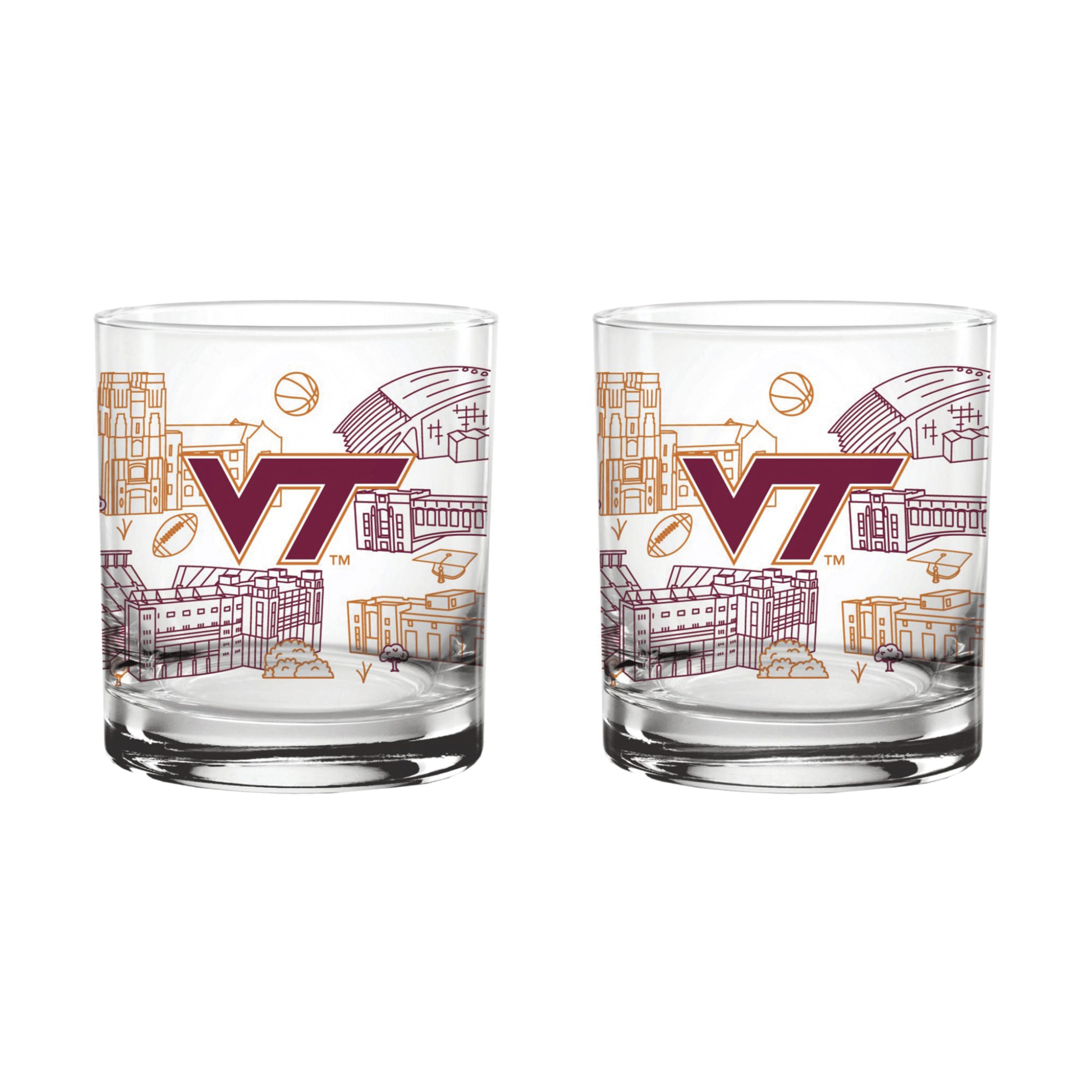 Set of 2 Virginia Tech Hokies Campus Line Art 14oz Rocks Glasses
